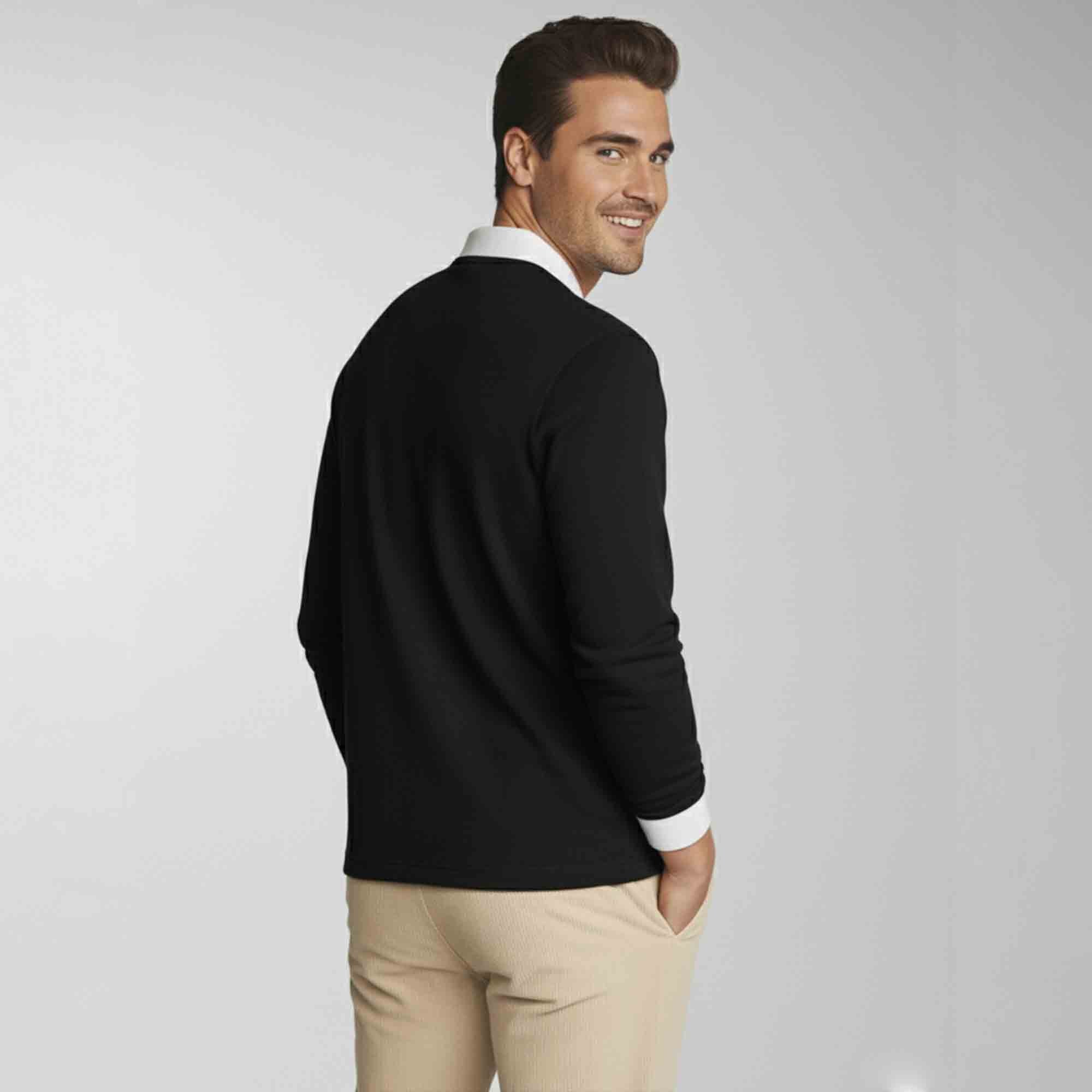 Men Colorblock Quarter Zip Polo Neck Full Sleeve T-shirt Black