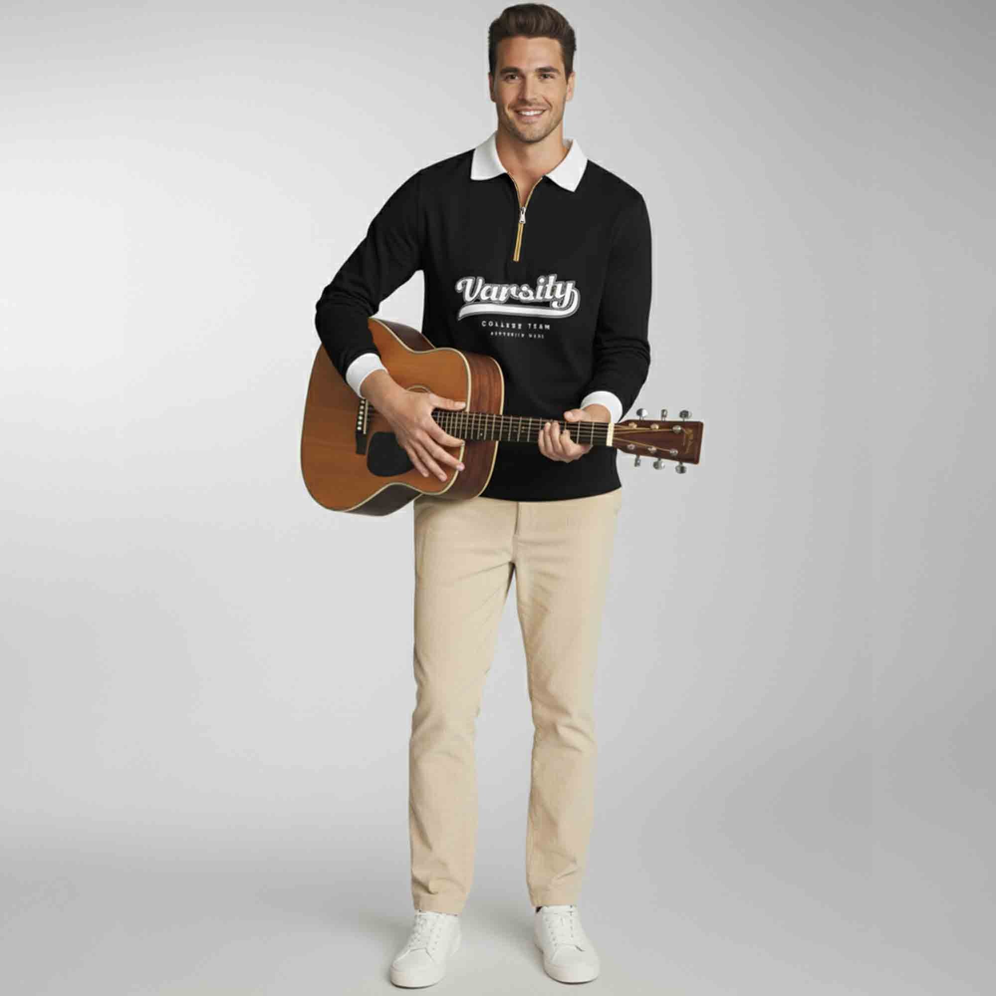 Men Colorblock Quarter Zip Polo Neck Full Sleeve T-shirt Black