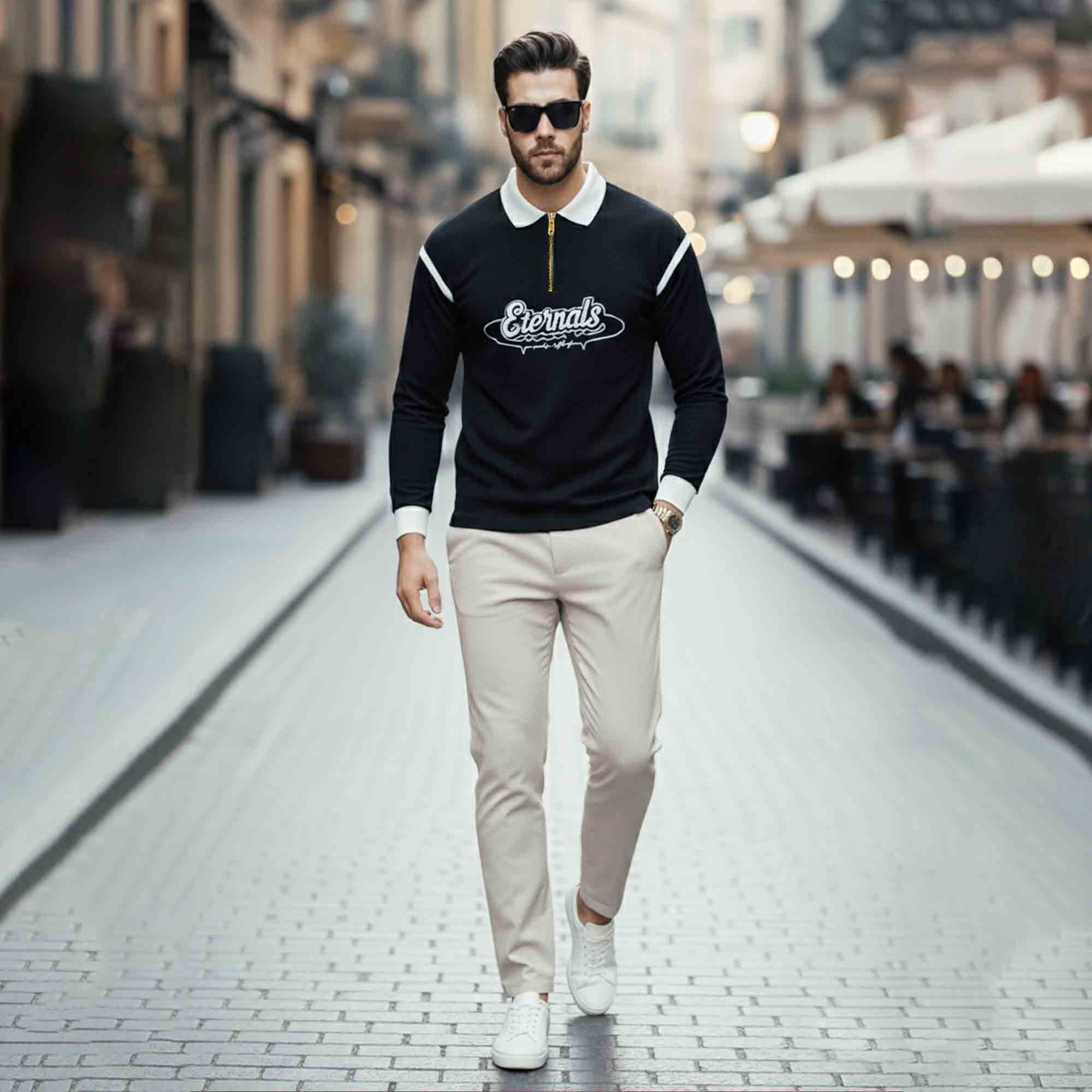 Quarter Zip Contrast Collar Full Sleeve Polo TSHIRT Black