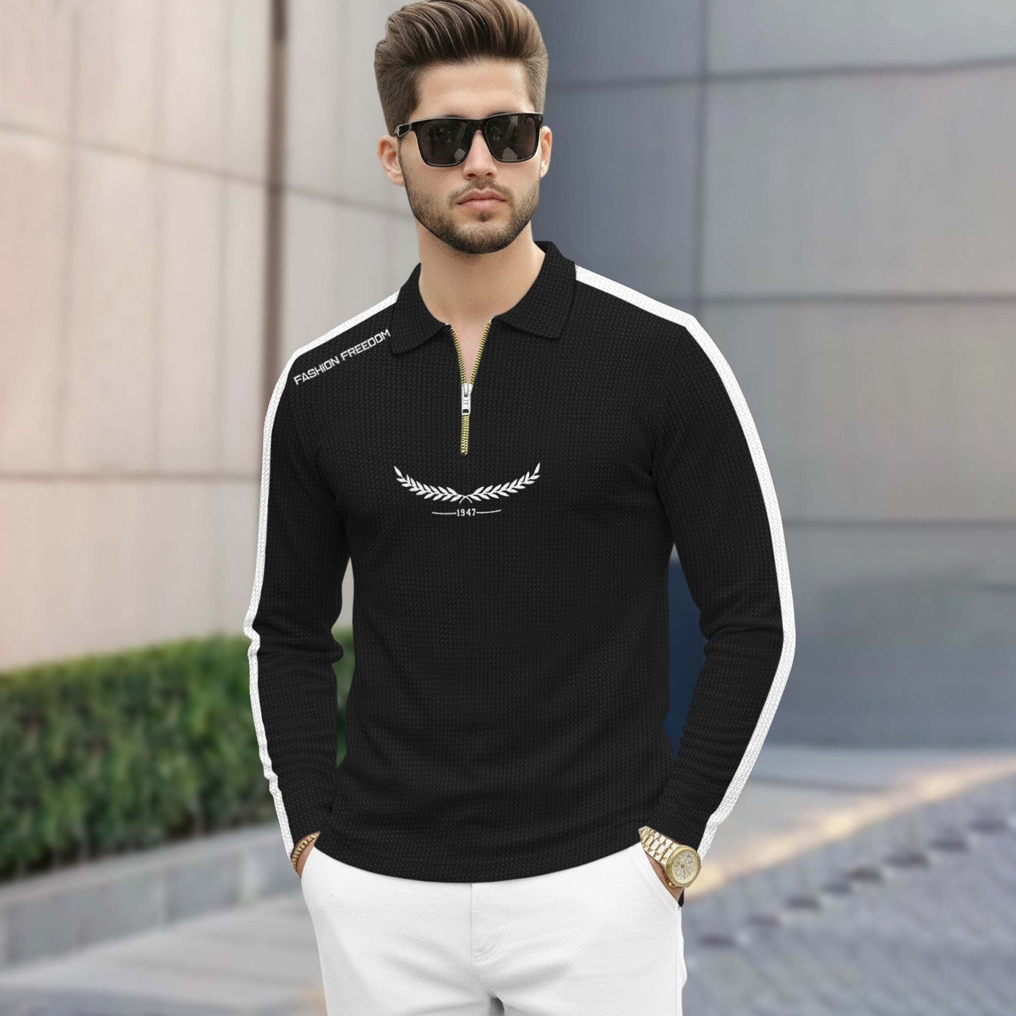 Men Quarter Zip Polo Neck Printed T-SHIRT Black & White