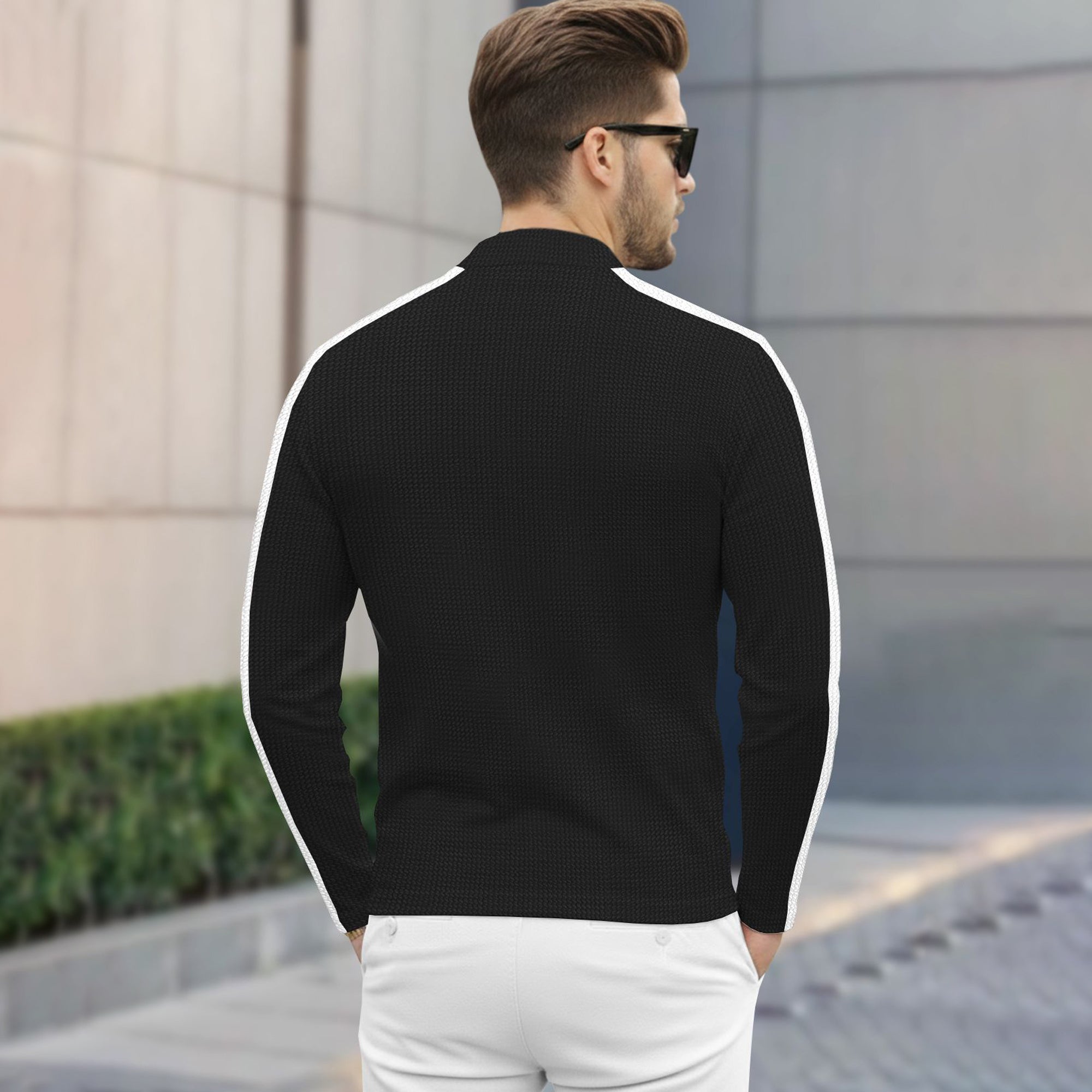 Men Quarter Zip Polo Neck Printed T-SHIRT Black & White
