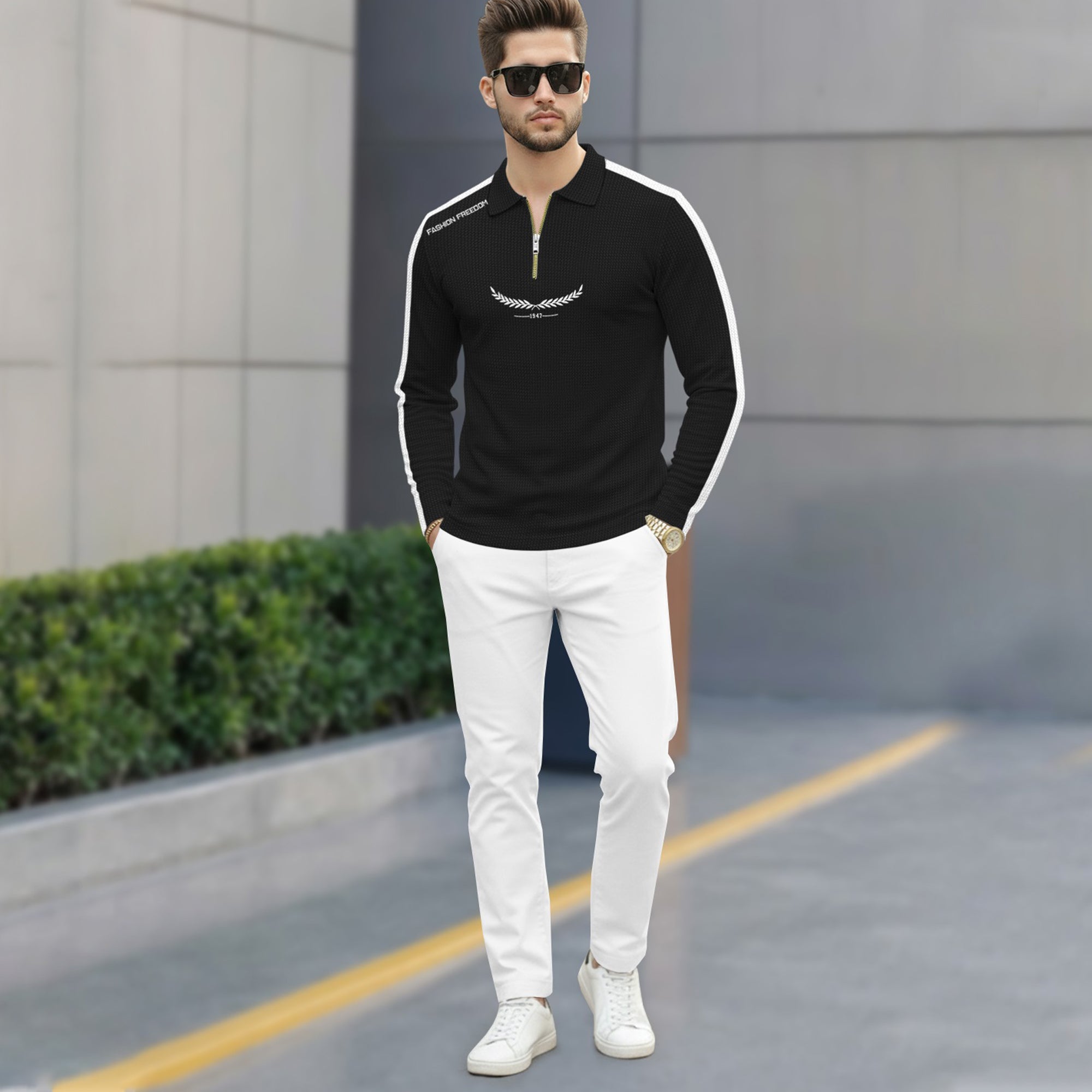 Men Quarter Zip Polo Neck Printed T-SHIRT Black & White