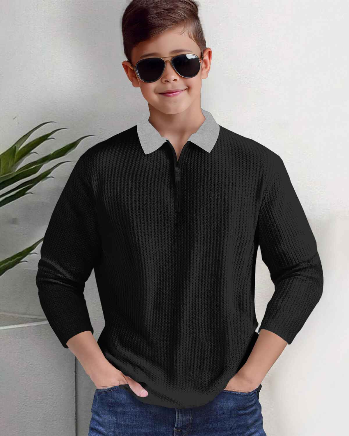 Boy Full Sleeve Plain Textured Waffle T-shirt / Black & Grey