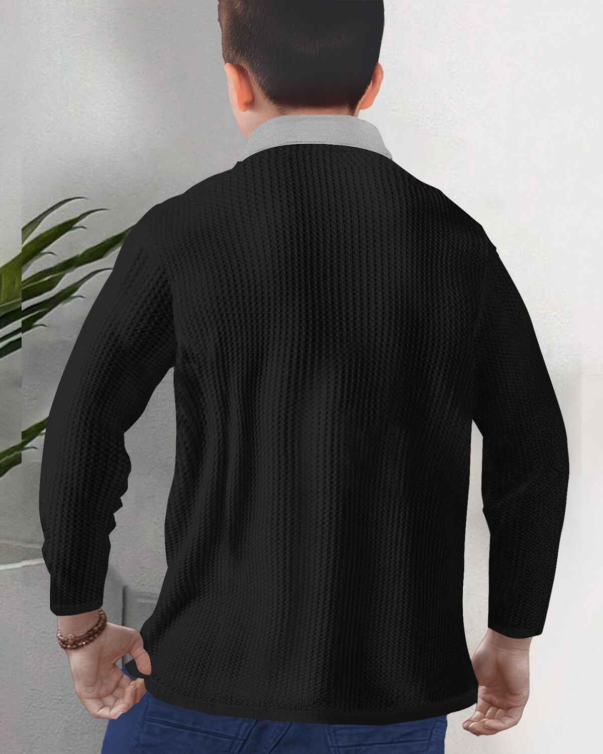 Boy Full Sleeve Plain Textured Waffle T-shirt / Black & Grey