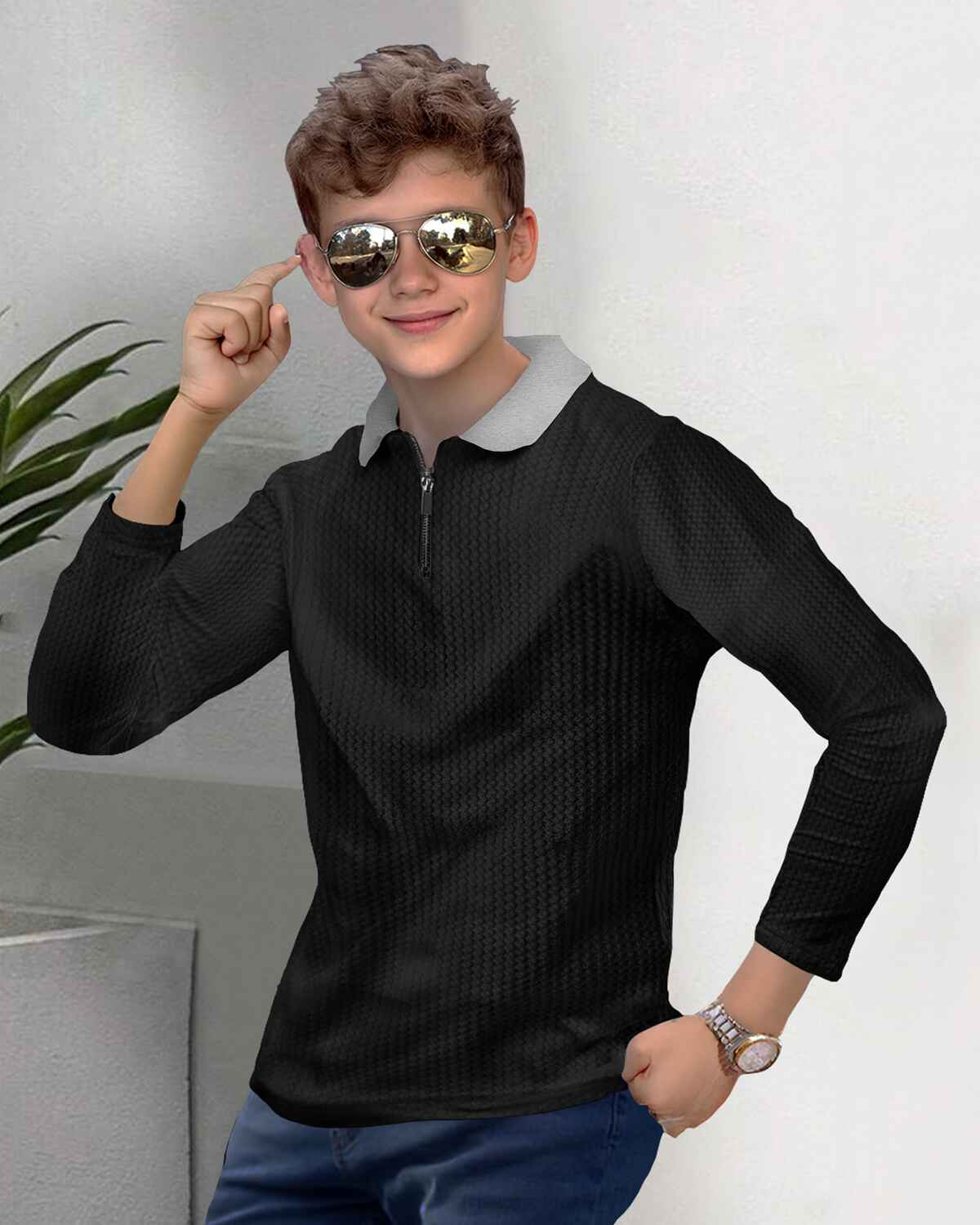 Boy Full Sleeve Plain Textured Waffle T-shirt / Black & Grey