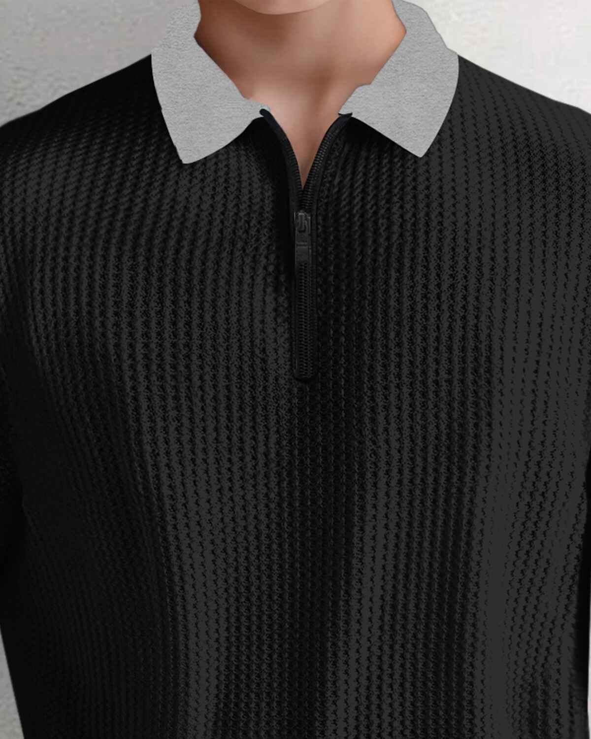 Boy Full Sleeve Plain Textured Waffle T-shirt / Black & Grey