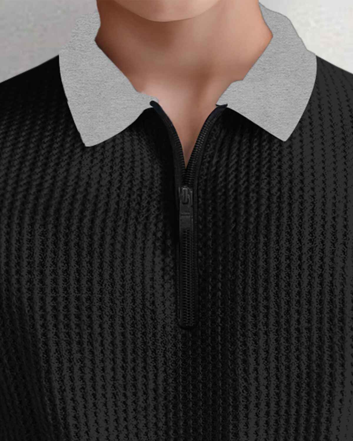 Boy Full Sleeve Plain Textured Waffle T-shirt / Black & Grey