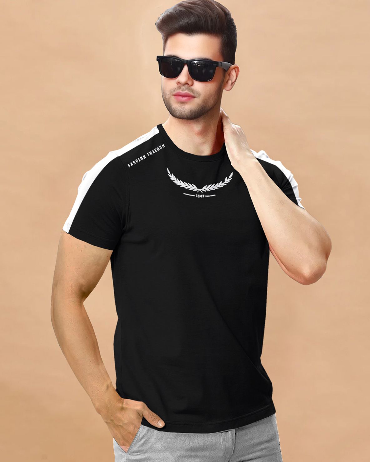 Men Half Sleeve Round Neck Black - White Cotton Blend T-Shirt