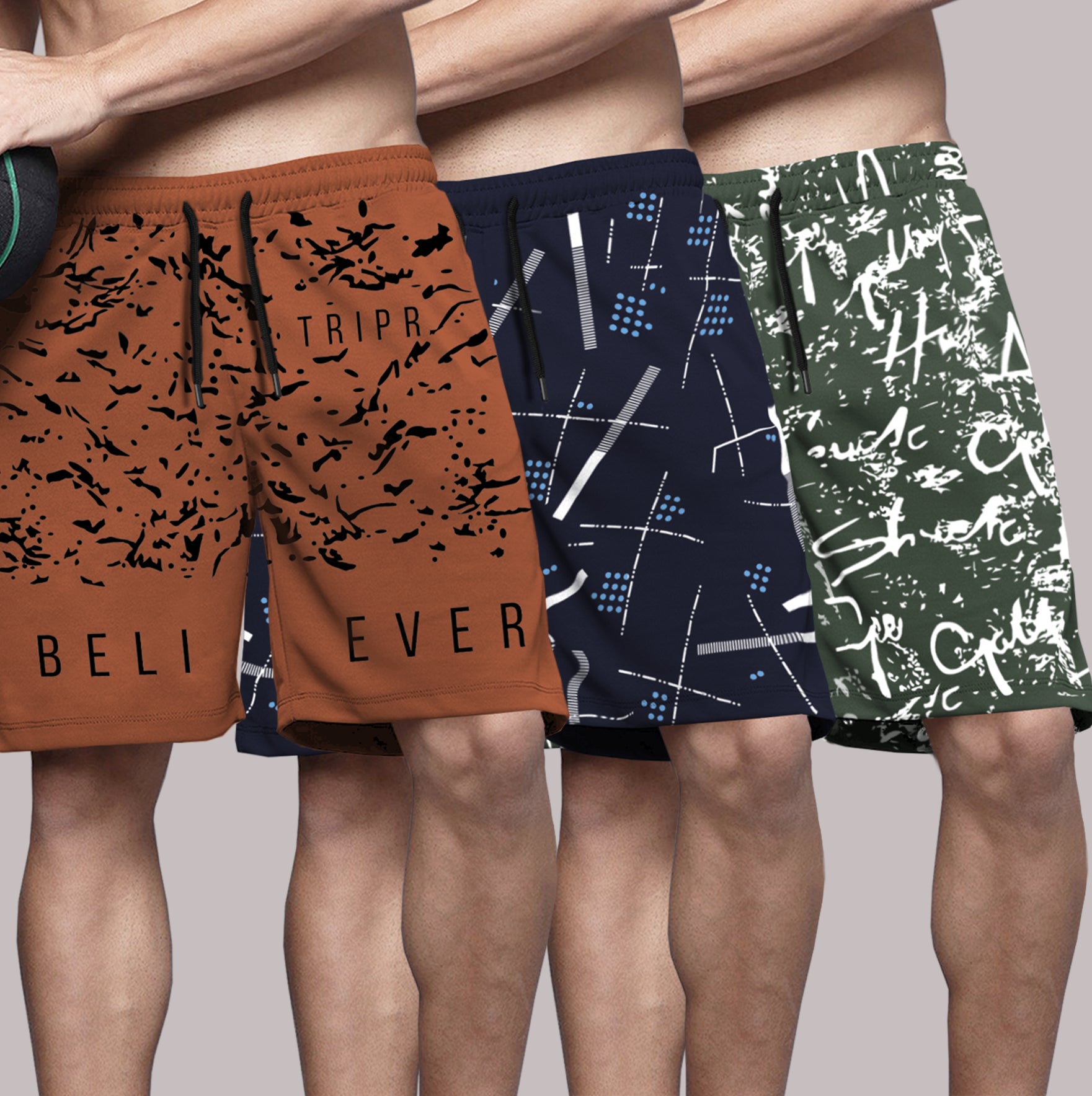 (Pack Of 3) Men Printed Brown-Navy-Olive Shorts