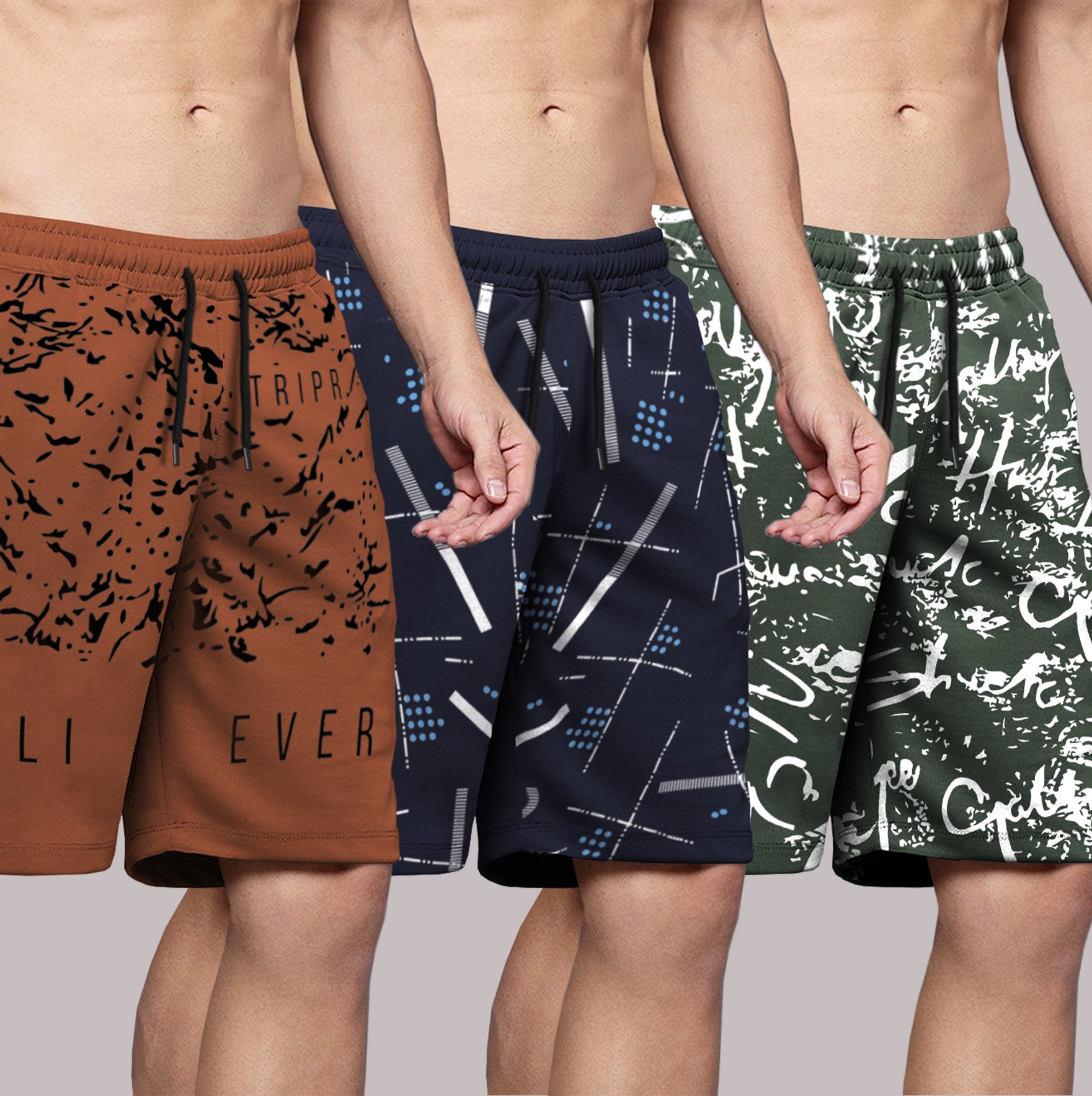 (Pack Of 3) Men Printed Brown-Navy-Olive Shorts