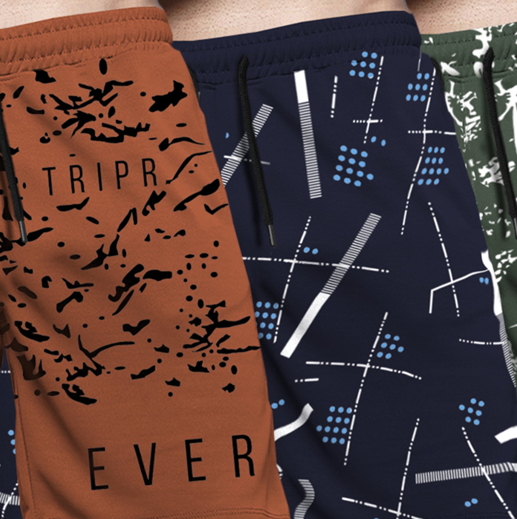 (Pack Of 3) Men Printed Brown-Navy-Olive Shorts