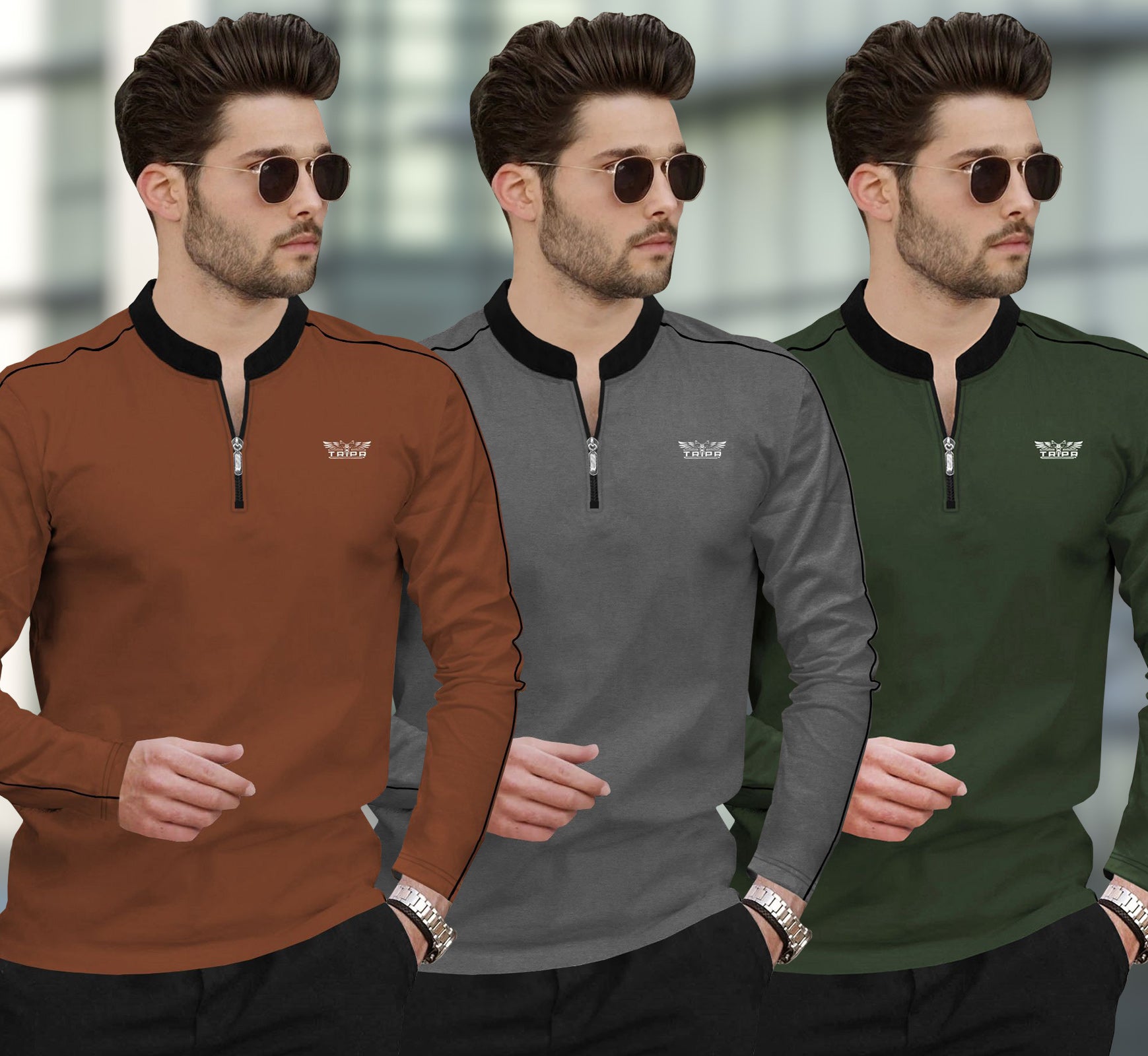 (Pack Of 3) Henley Neck Full Sleeve Colorblocked T-shirts