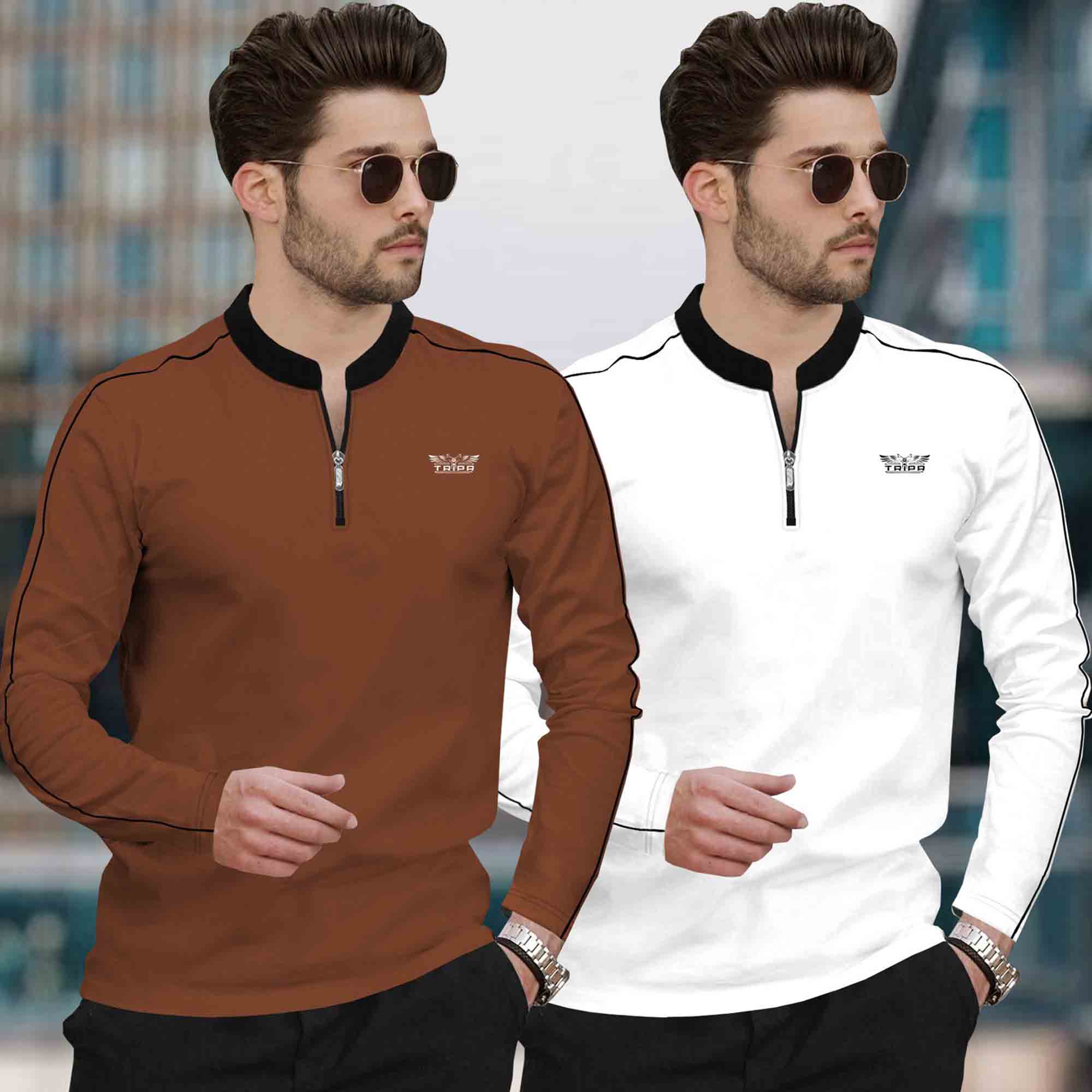 (Pack Of 2) Mandarin Neck Full Sleeve Multicolor Tshirts- 10 Variants