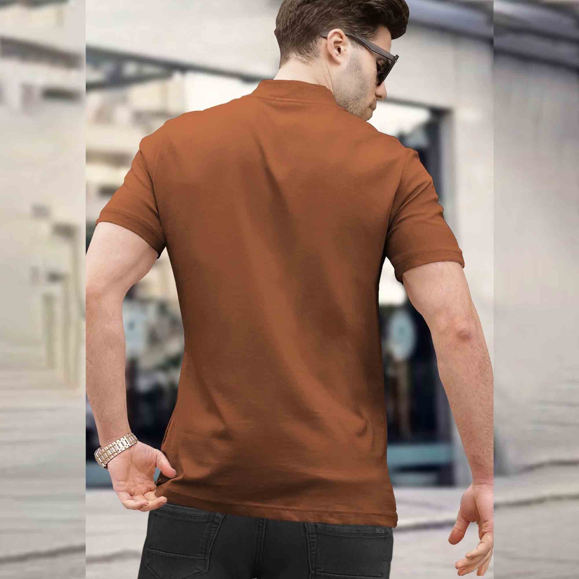 Men High Neck Brown Half Sleeve Zipper T-Shirt