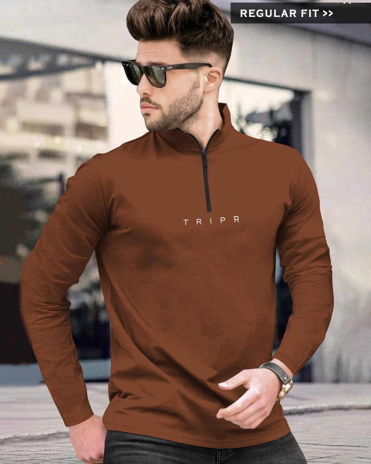 Men BROWN ZIPPER NECK Full Sleeve T-Shirt