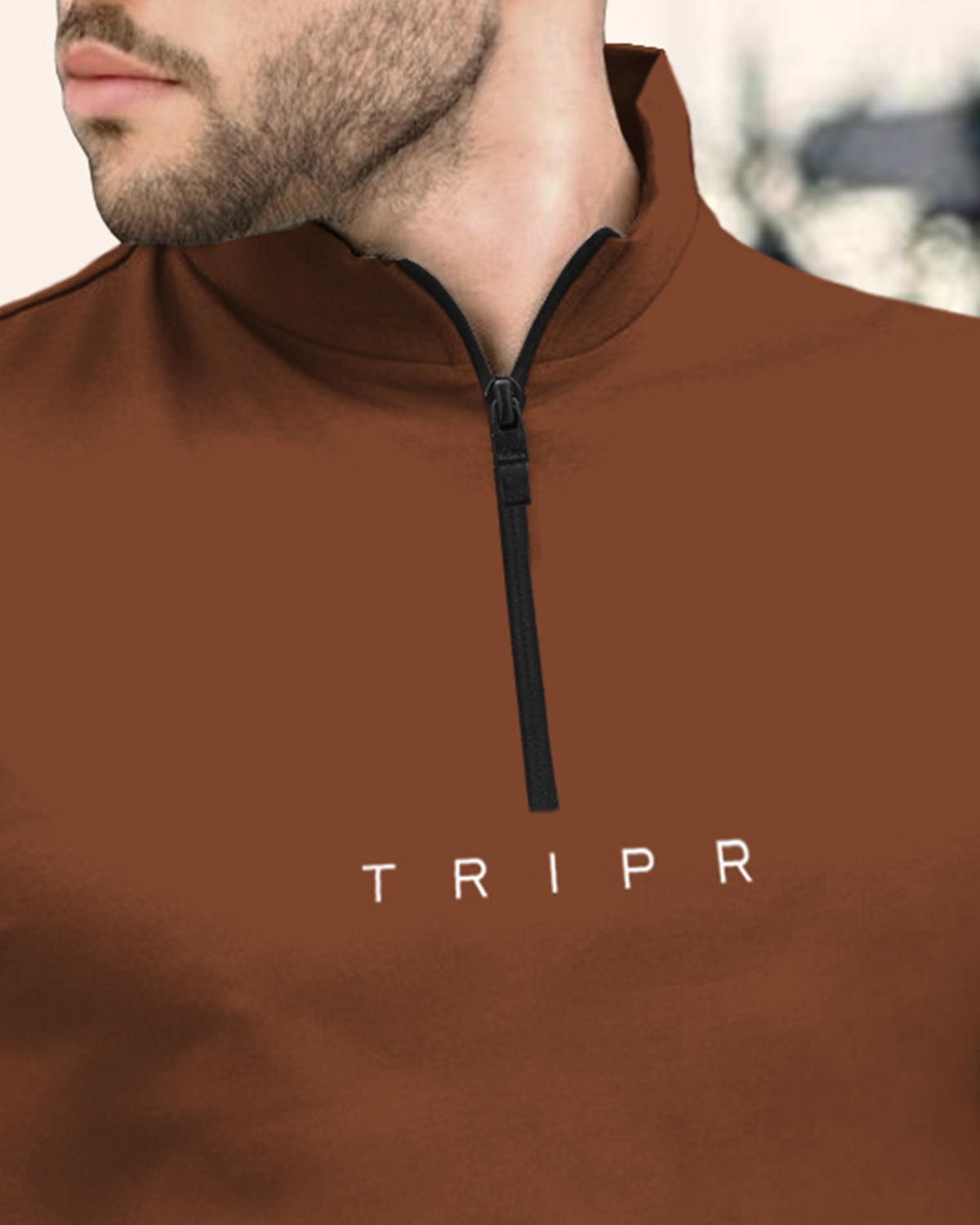 Men BROWN ZIPPER NECK Full Sleeve T-Shirt