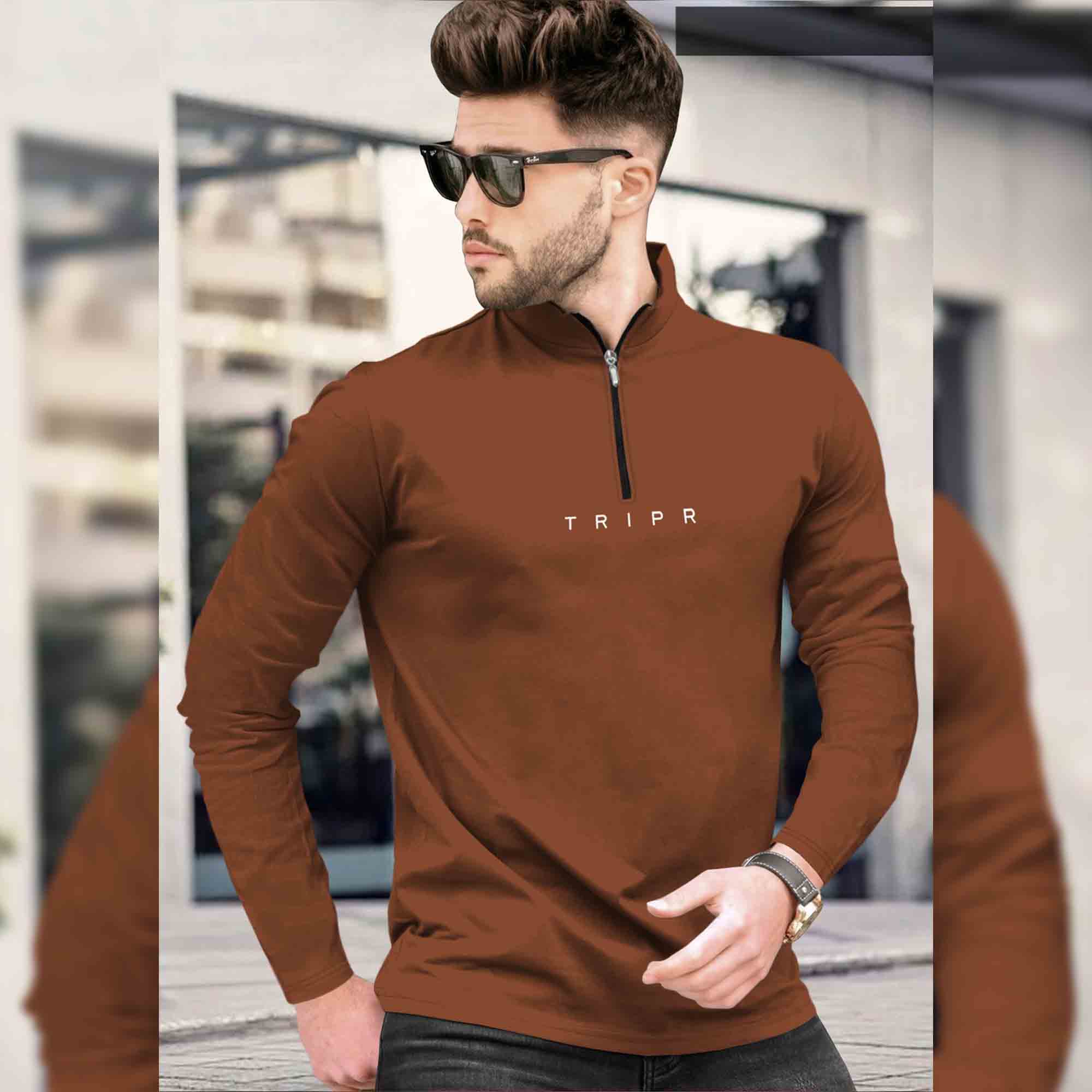 Men BROWN ZIPPER NECK Full Sleeve T-Shirt