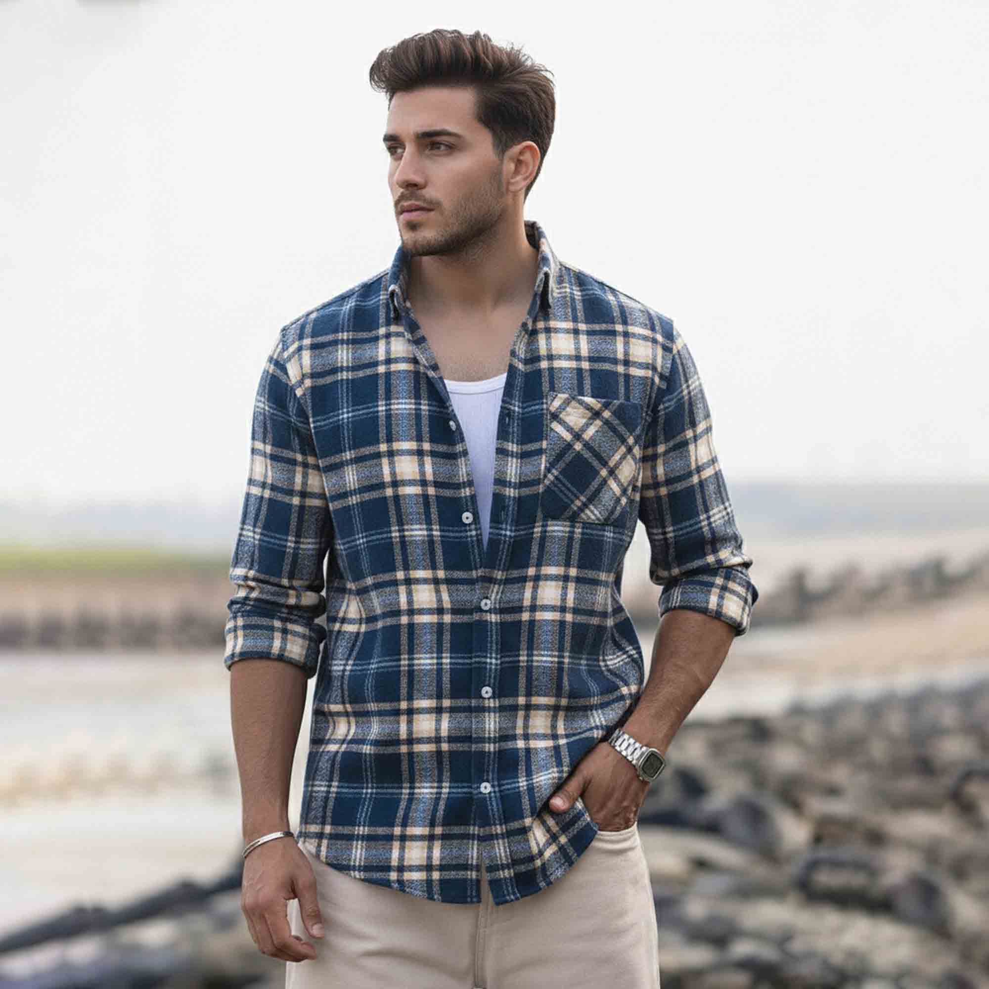 Mens Regular Fit Cotton Checked Shirt Blue & Beige