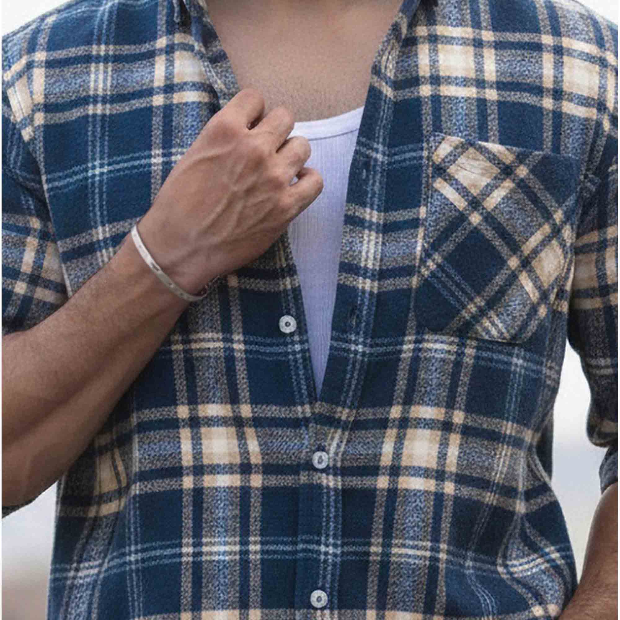 Mens Regular Fit Cotton Checked Shirt Blue & Beige