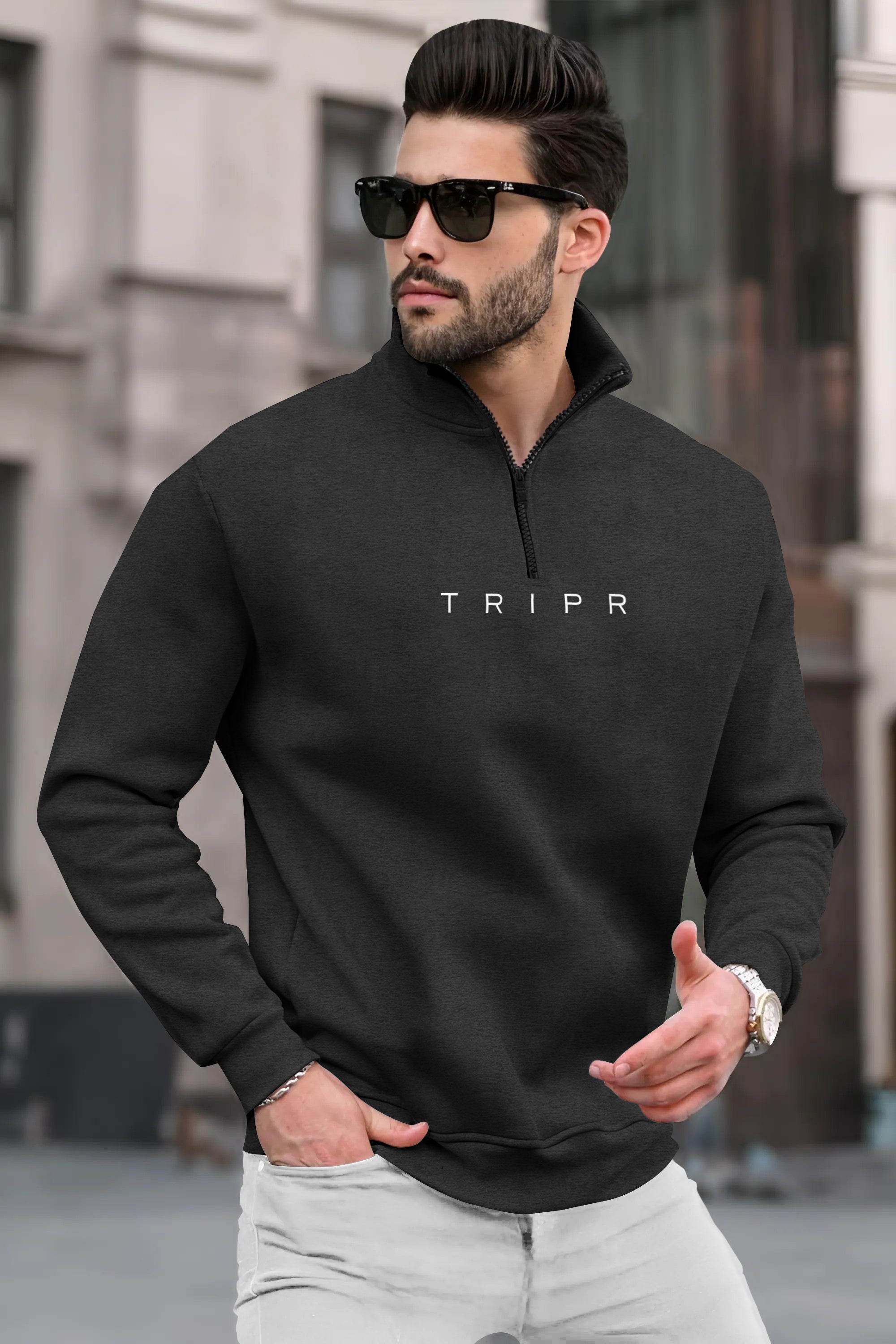 Men Zipper High Neck Charcoal black Sweatshirt – TRIPR