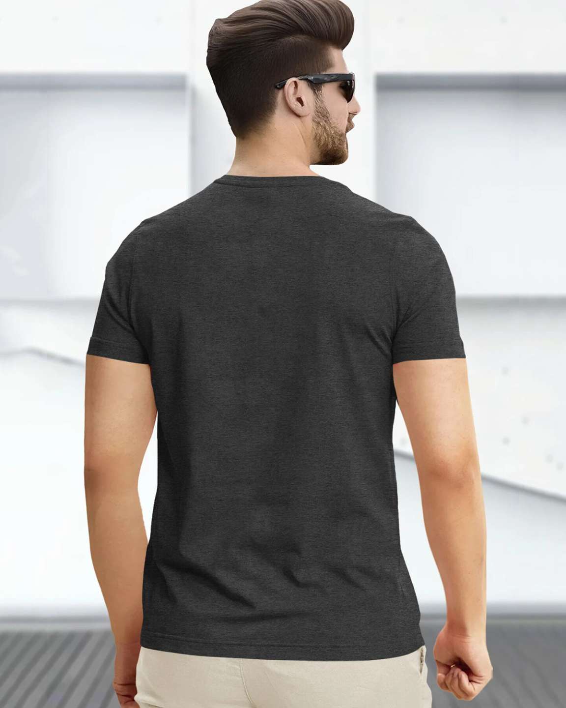 Feather Printed Half Sleeve Round Neck Mens T-shirt / Charcoal Black