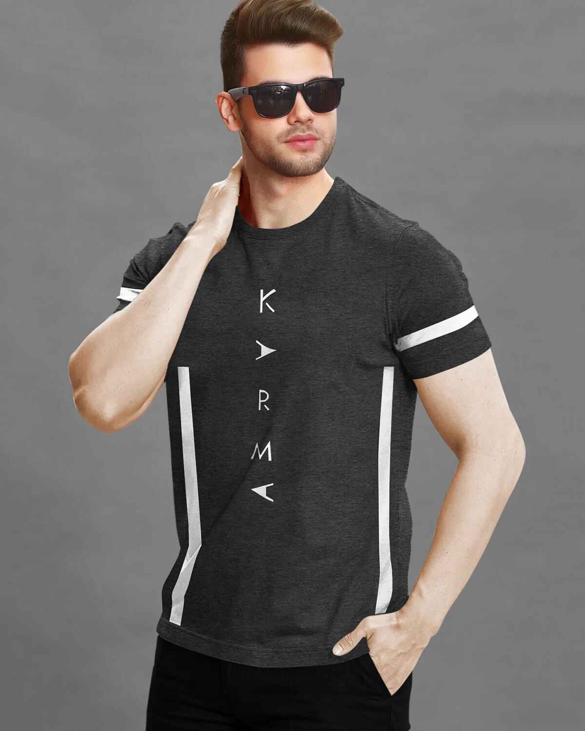 Men Printed Half Sleeve Round Neck Cotton Blend Charcoal Black T-Shirt