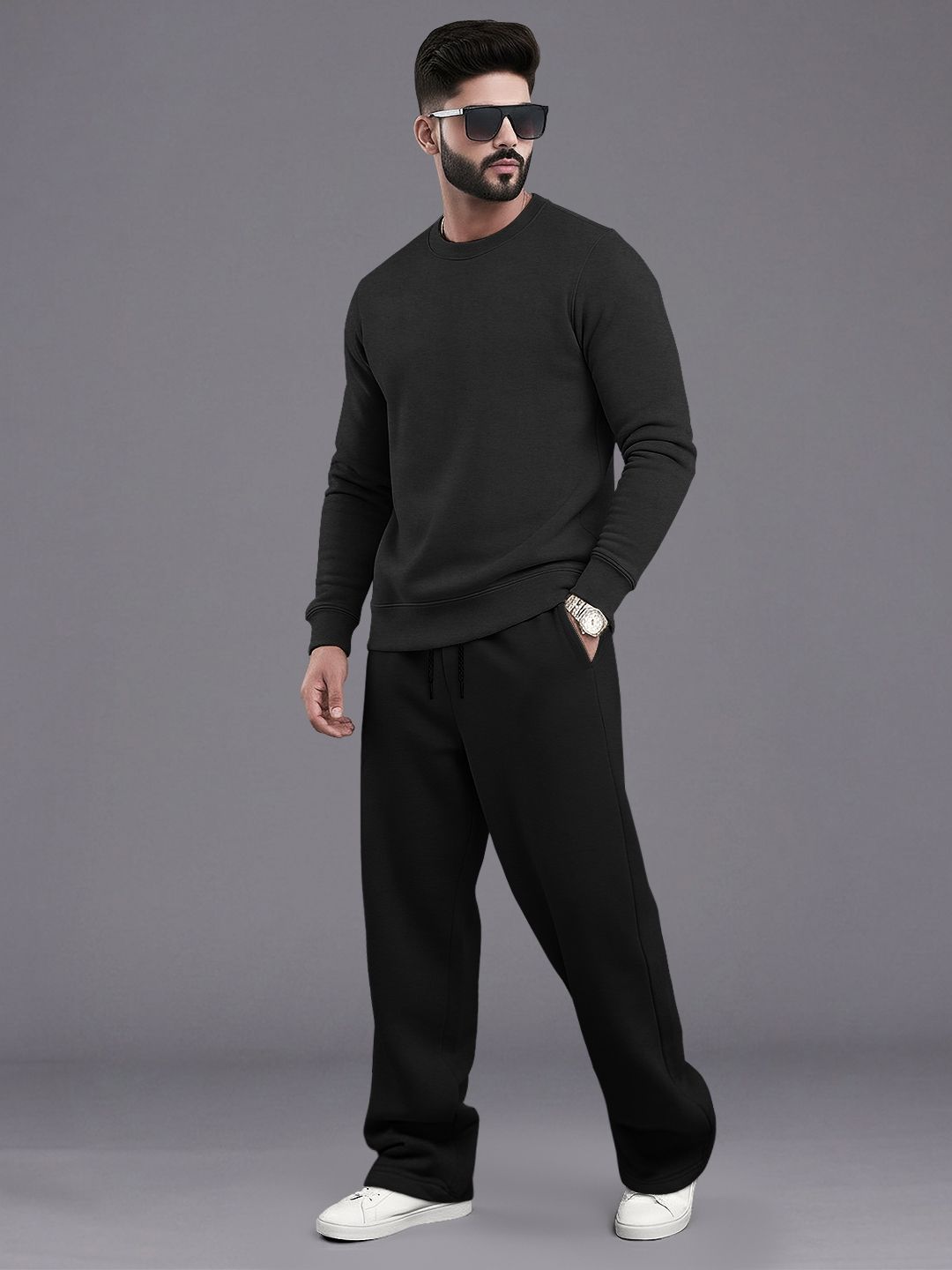 Tracksuit Men Round Neck Plain Sweatshirt & Loose Fit Plain Trackpants