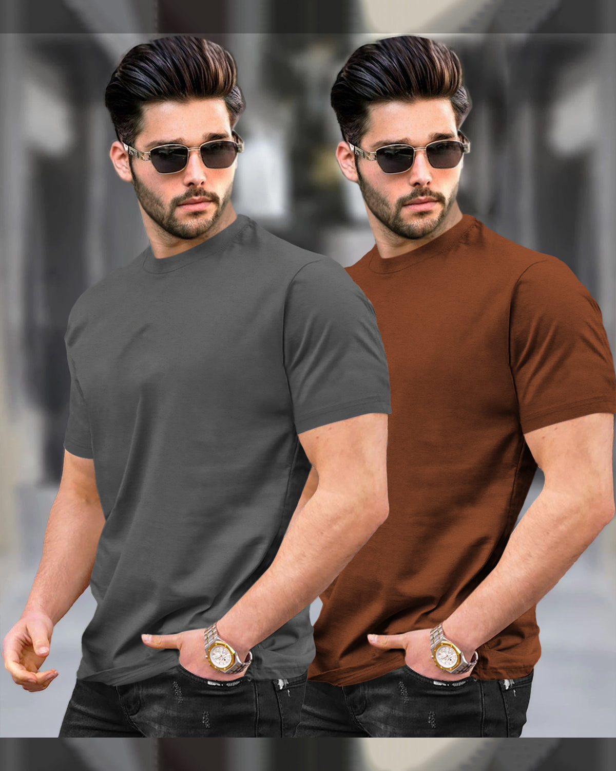 Mens Round Neck Half Sleeve Dark Grey & Brown T-shirts (Pack Of 2)