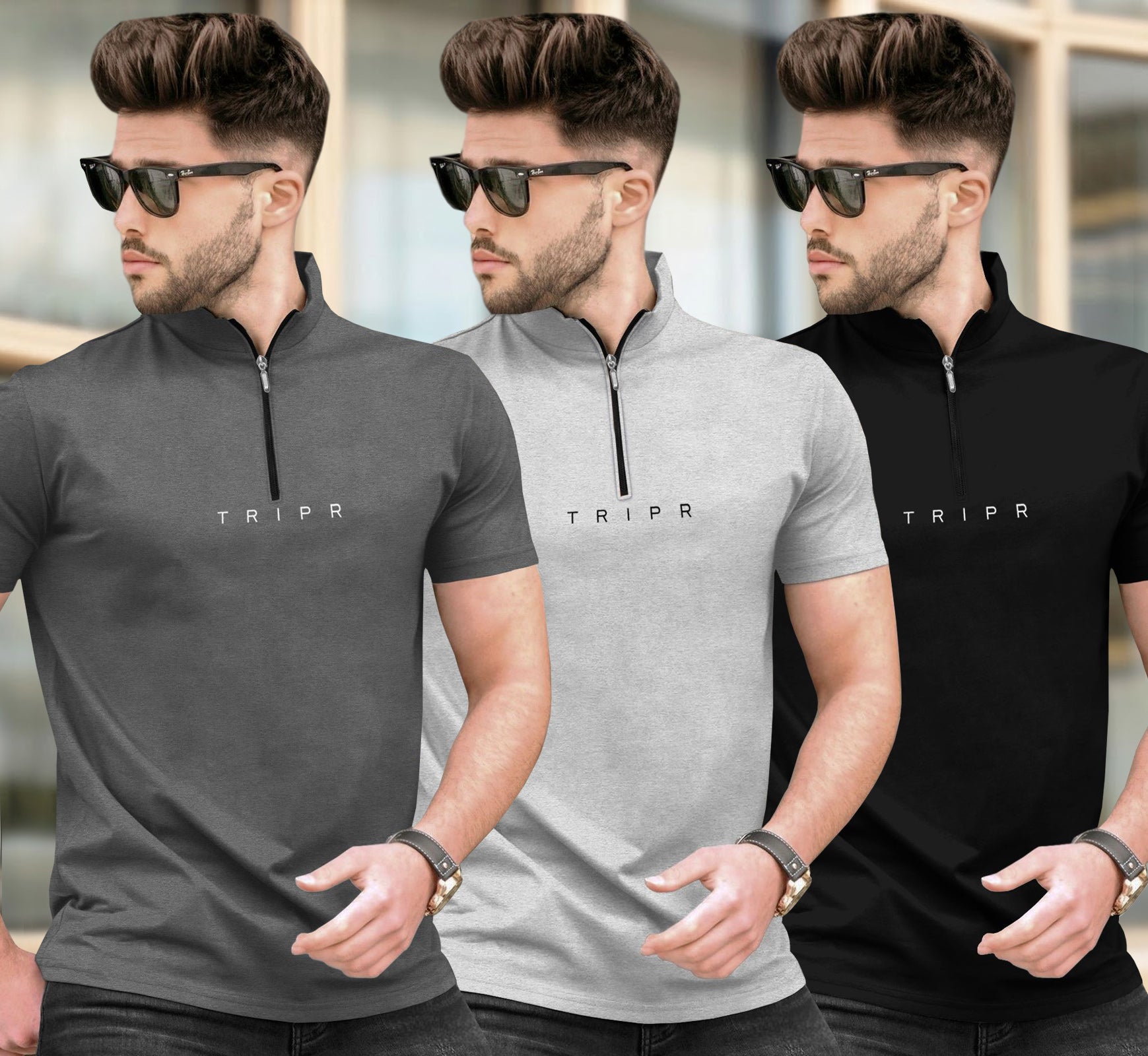 (Pack Of 3) High Neck Half Sleeve Plain T-shirts Multicolor