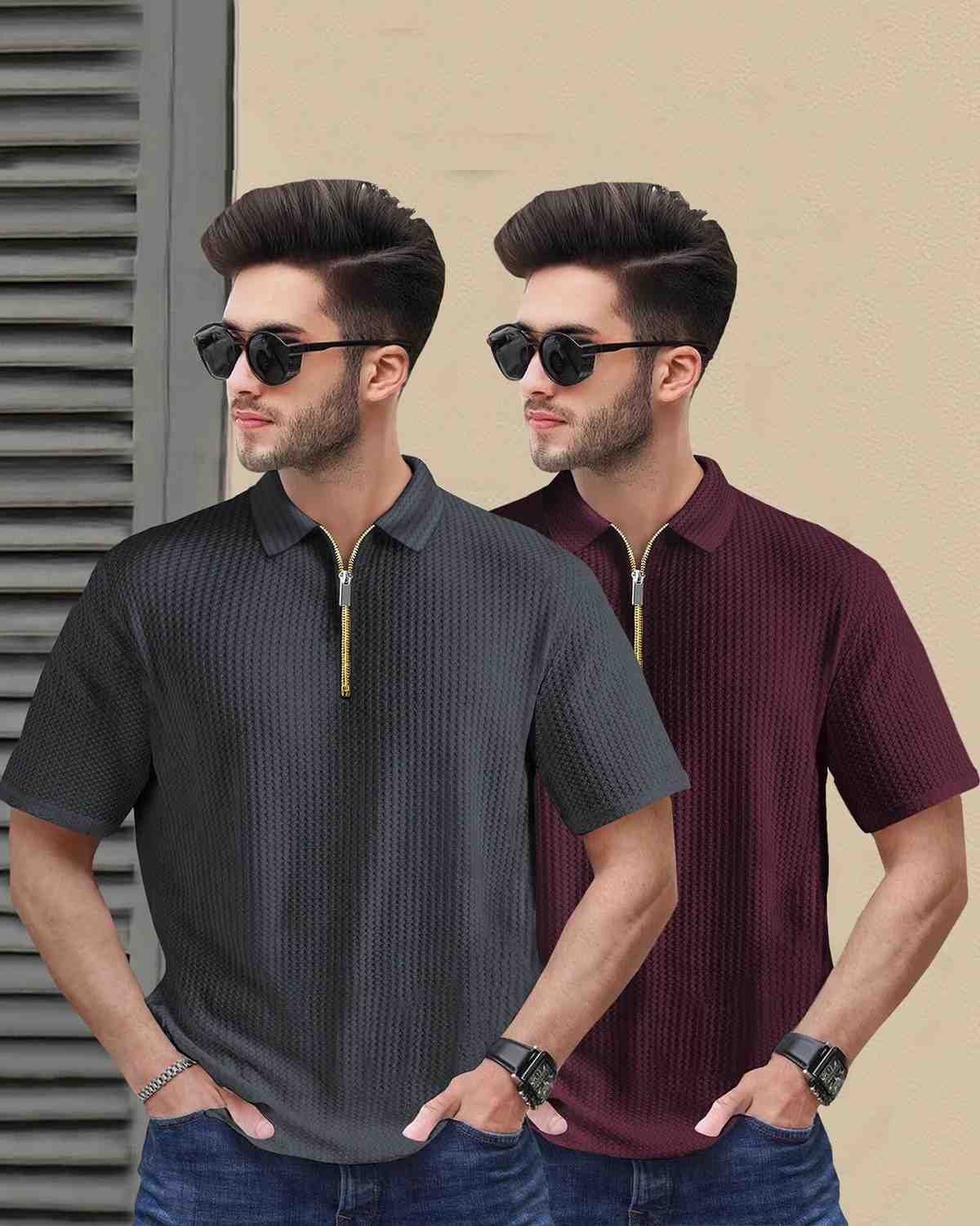 (Pack Of 2) Polo Half Sleeve Waffle Textured T-shirts