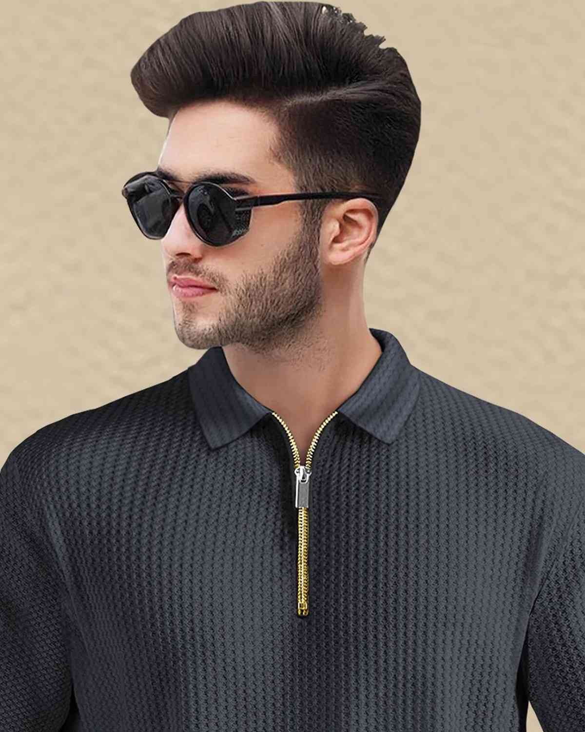 (Pack Of 2) Men Darkgrey & Maroon Textured Polo Half Sleeve Waffle T-shirts