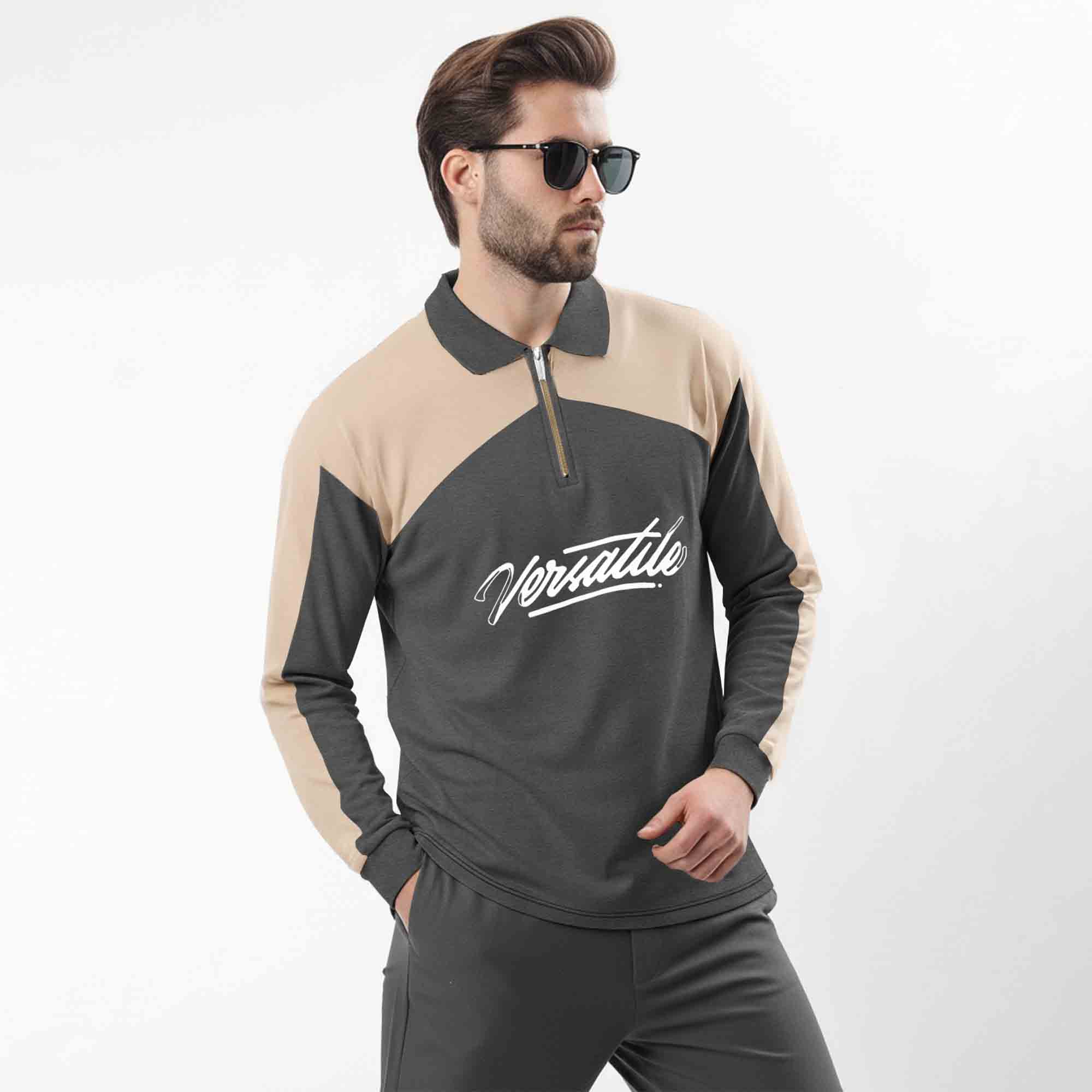 Men Colorblock Polo Neck Full Sleeve T-Shirt Darkgrey & Beige
