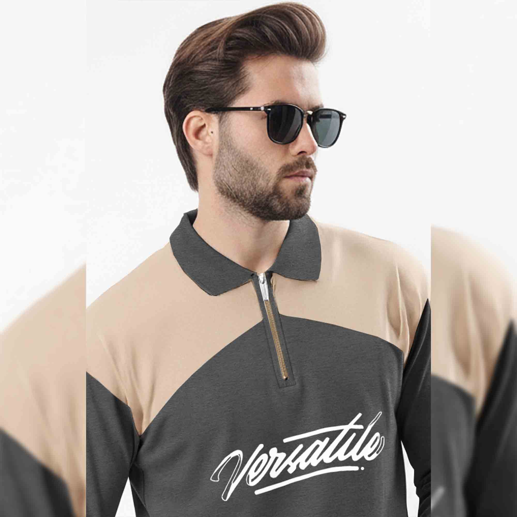 Men Colorblock Polo Neck Full Sleeve T-Shirt Darkgrey & Beige