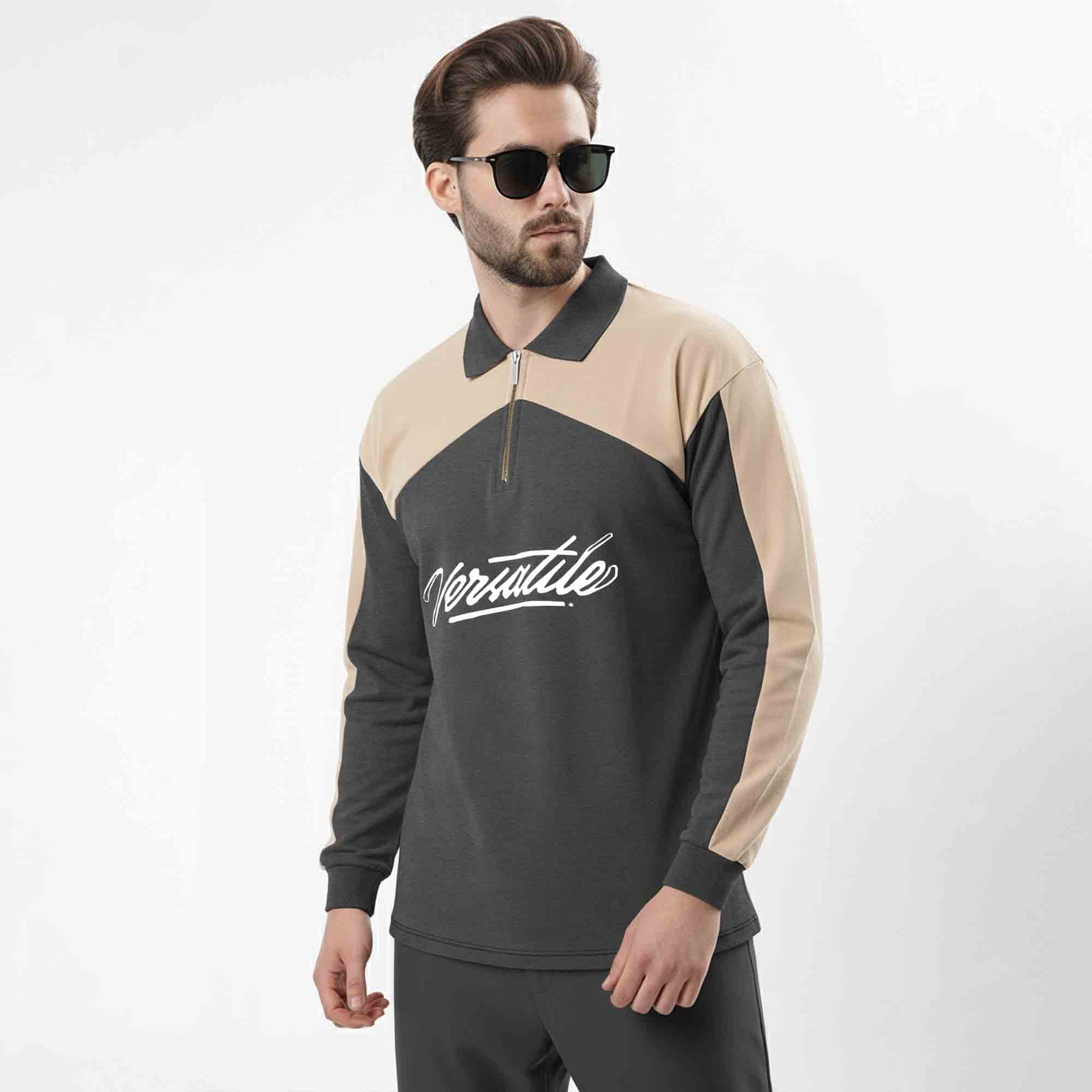 Men Colorblock Polo Neck Full Sleeve T-Shirt Darkgrey & Beige
