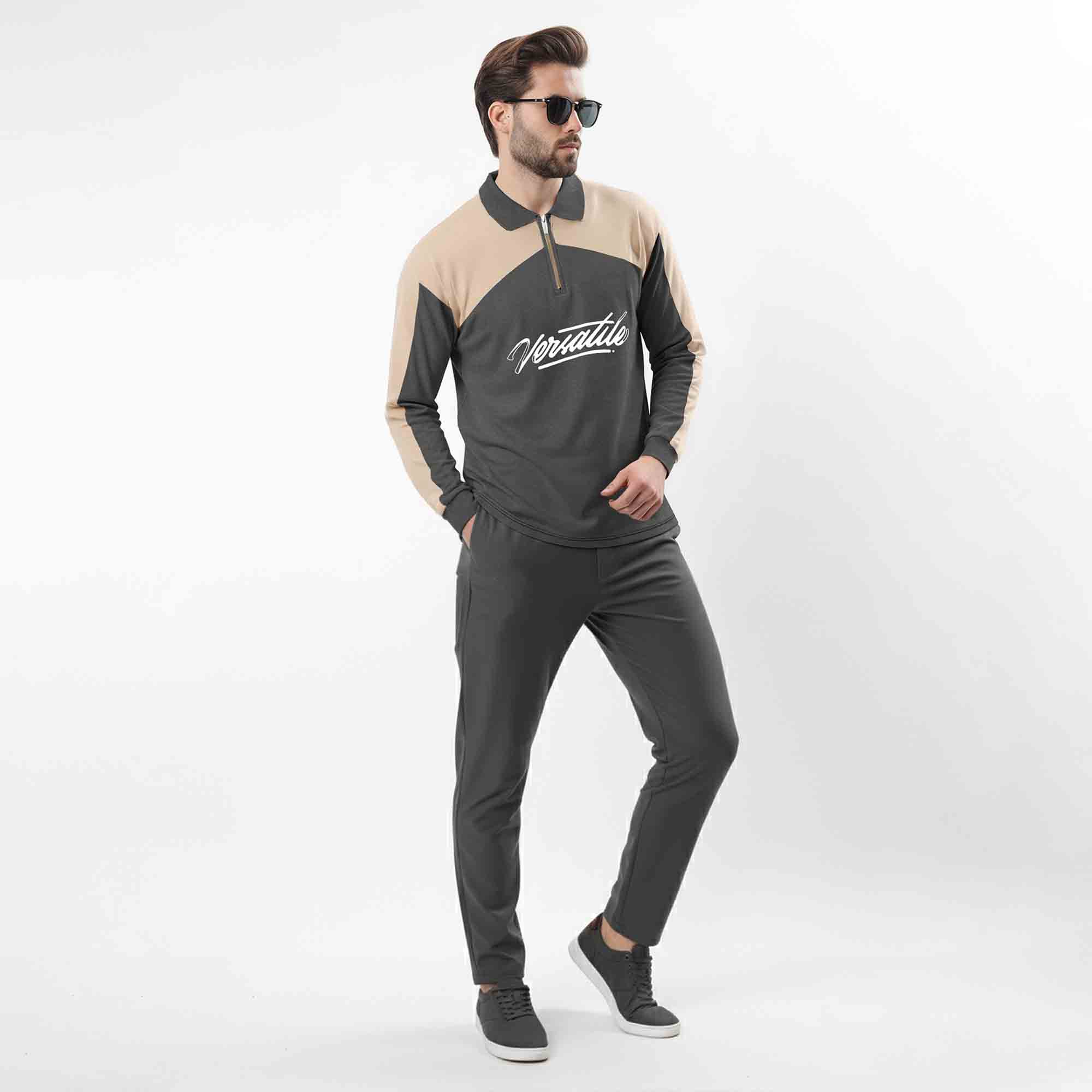 Men Colorblock Polo Neck Full Sleeve T-Shirt Darkgrey & Beige