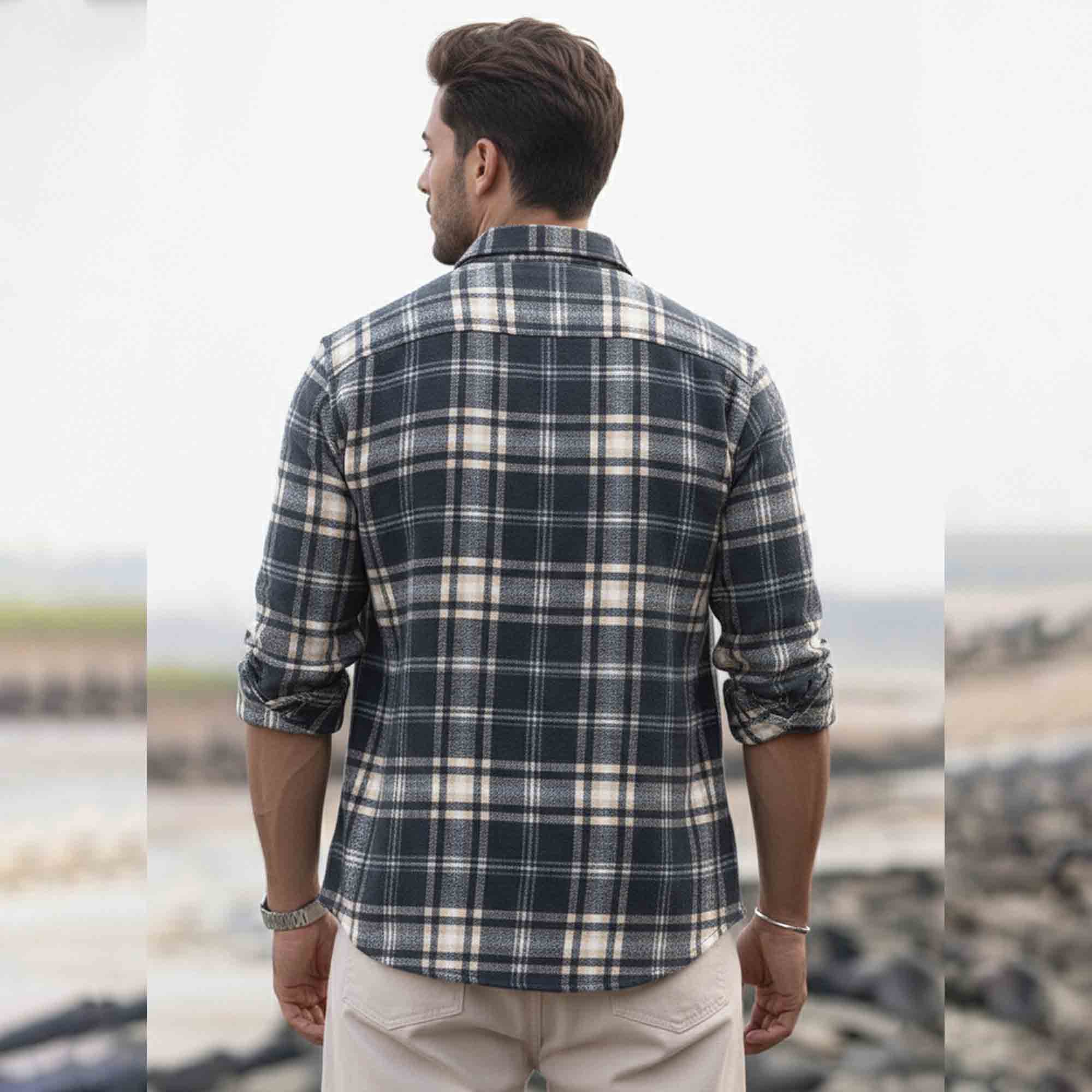 Mens Regular Fit Cotton Checked Shirt Darkgrey & Beige