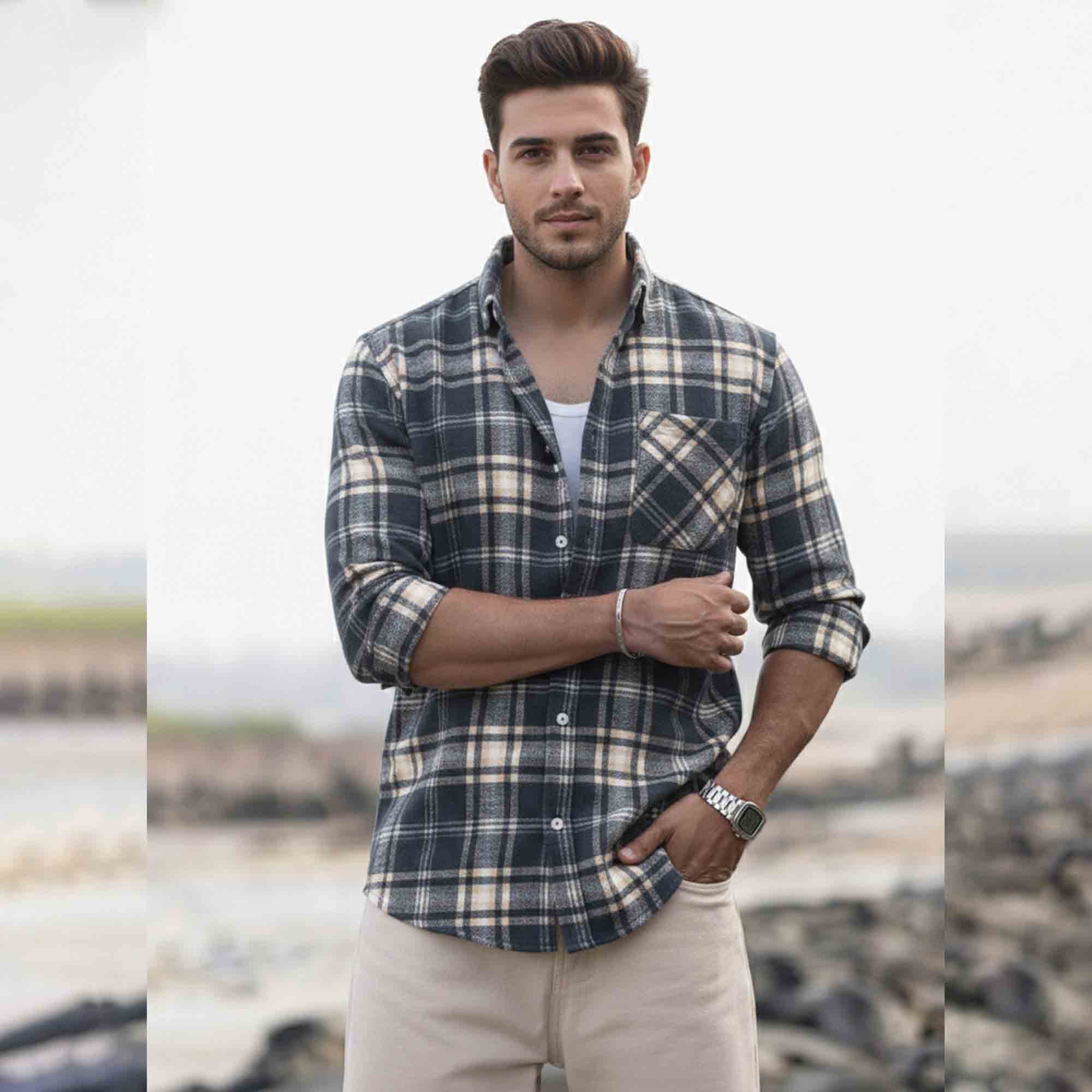 Mens Regular Fit Cotton Checked Shirt Darkgrey & Beige