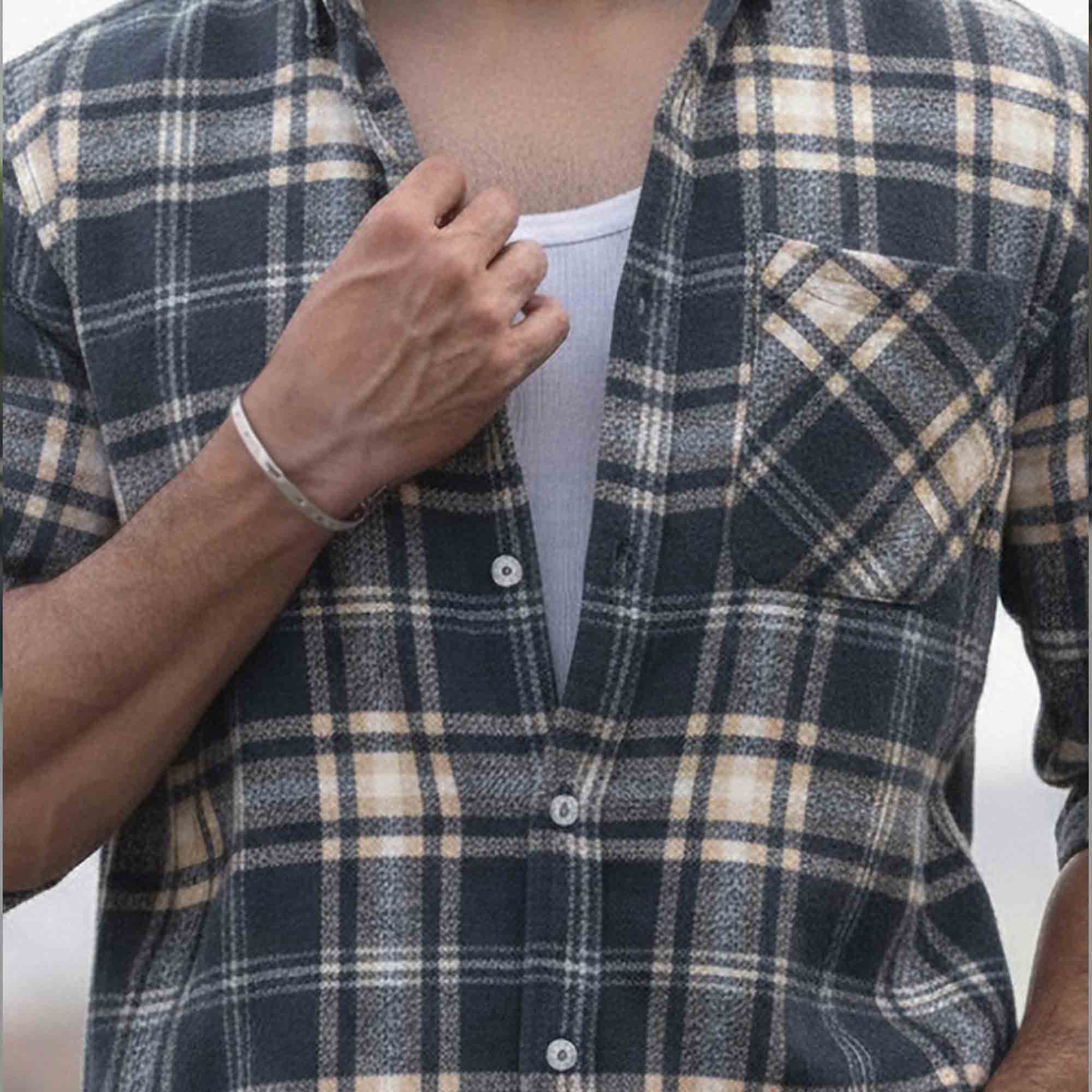 Mens Regular Fit Cotton Checked Shirt Darkgrey & Beige