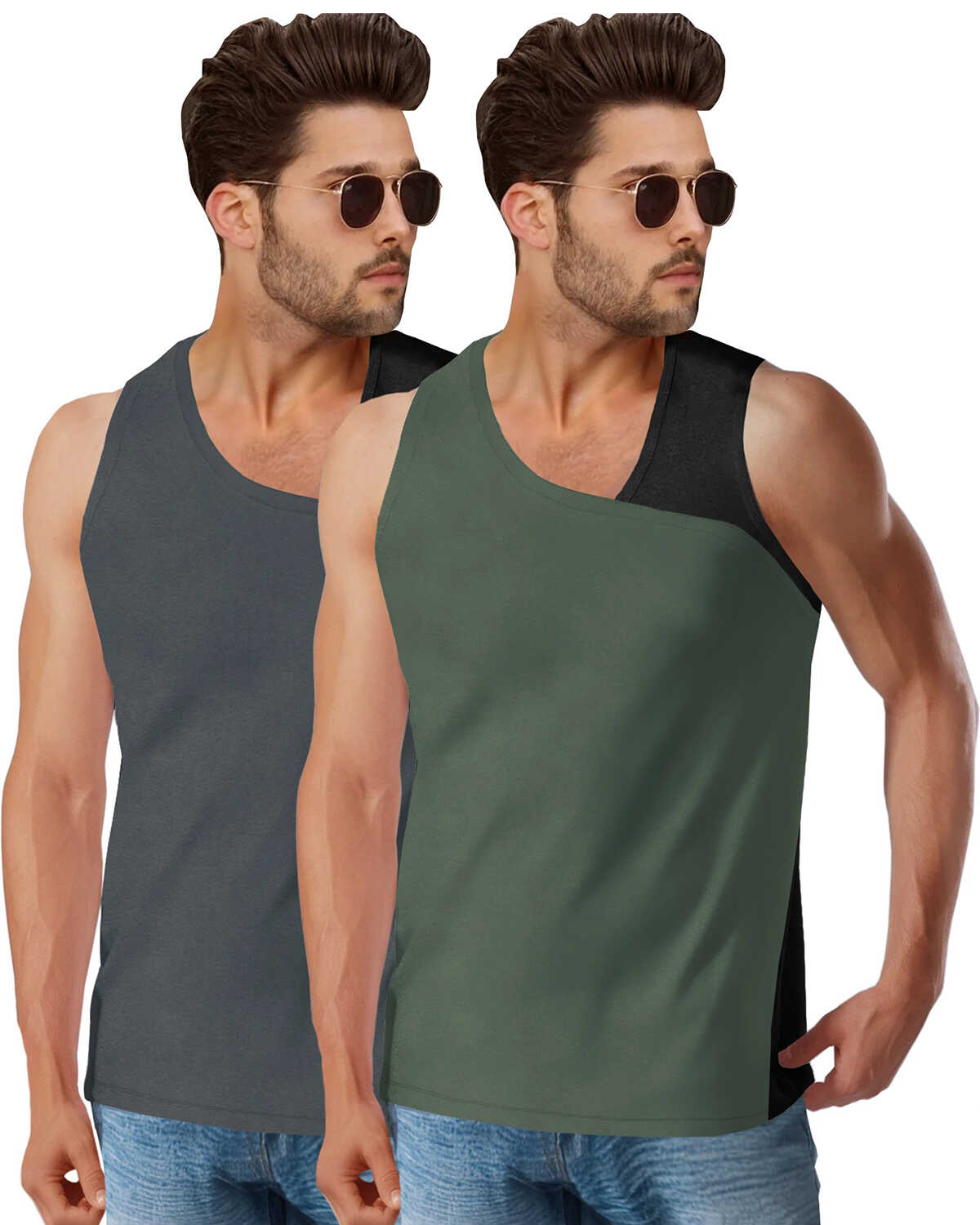 (Pack Of 2) Men Plain Combo Vest / Darkgrey & Olivegreen
