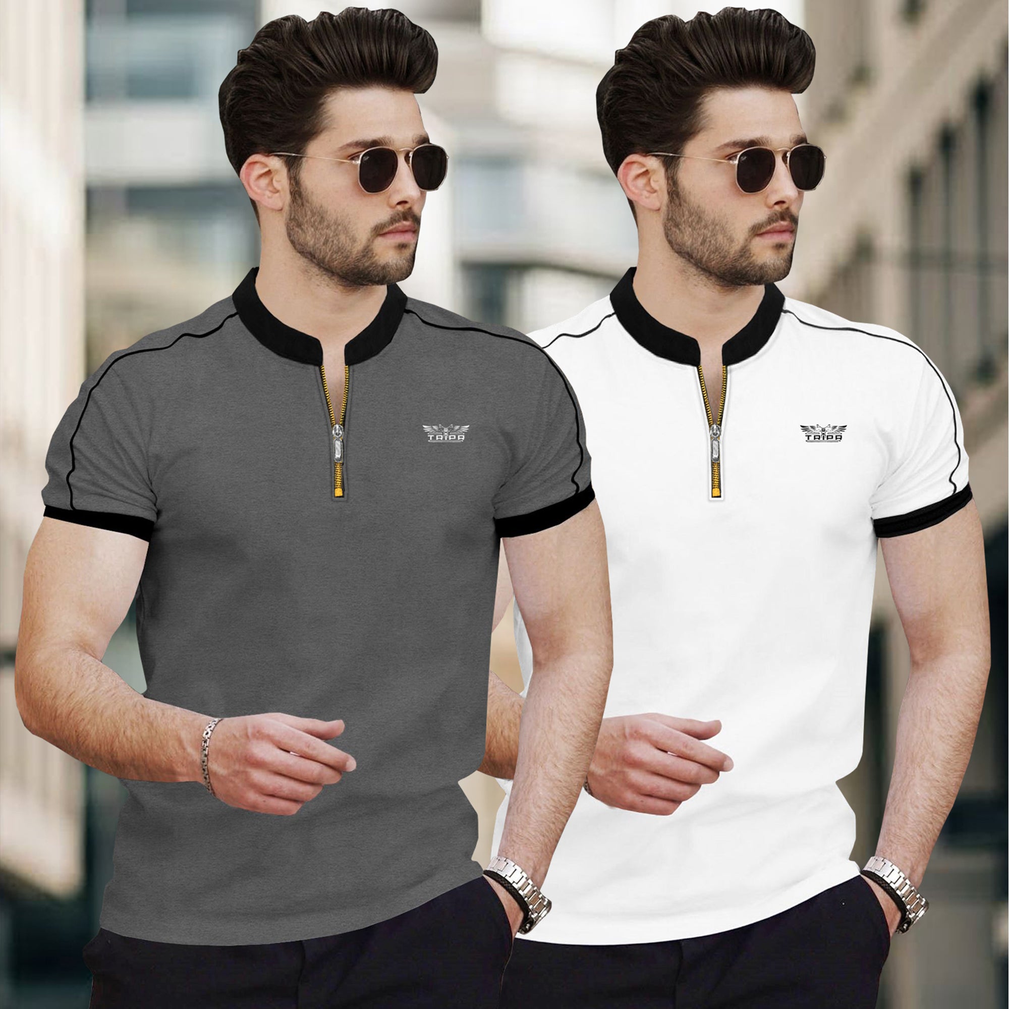 Men Pack of 2 Mandarin Collar Golden Zip Neck Combo Tshirts
