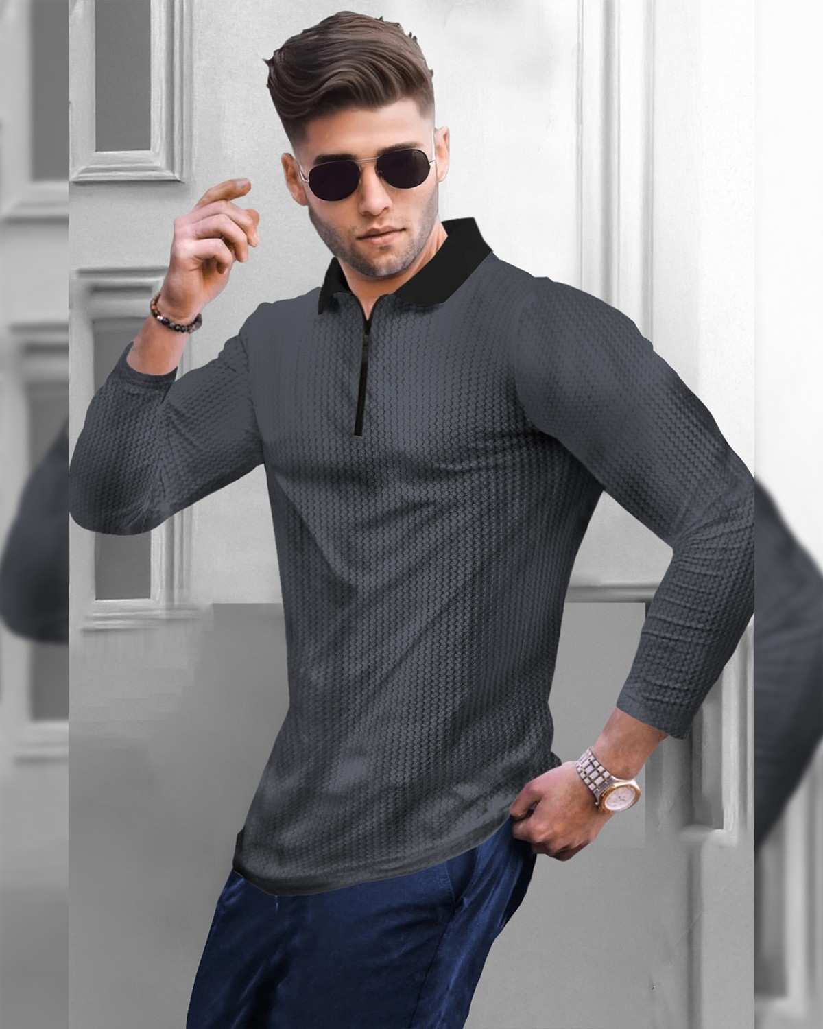 Men's Polo Collar Darkgrey Black Contrast Waffle Textured Full Sleeve Tshirt with Quarter Zip Neck