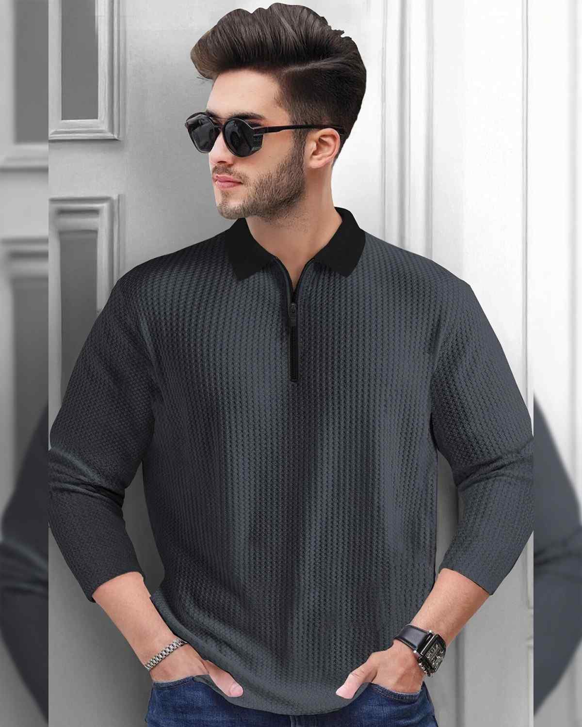 Men's Polo Collar Darkgrey Black Contrast Waffle Textured Full Sleeve Tshirt with Quarter Zip Neck