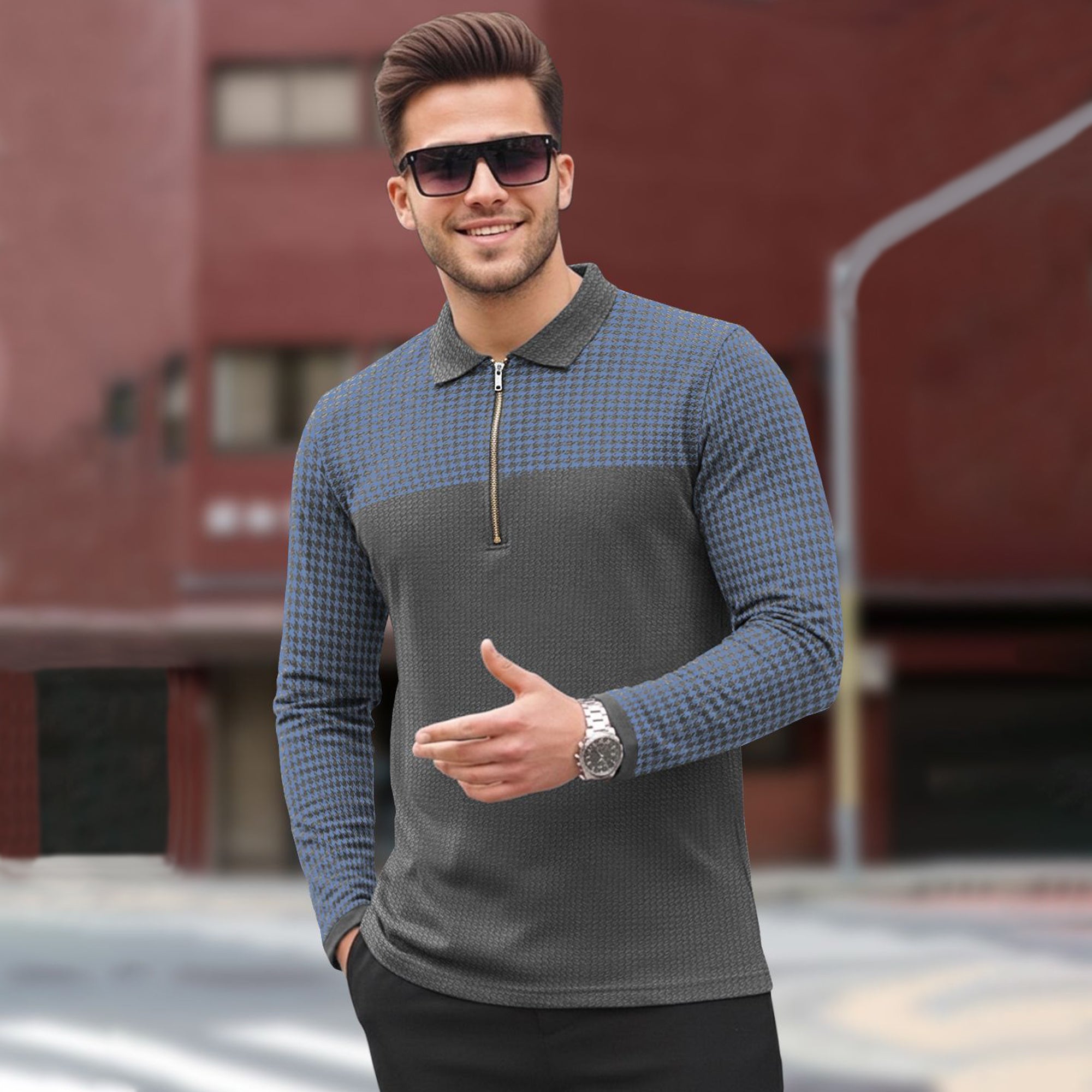 Men's Full Sleeve Printed Zip Neck Polo Tshirts
