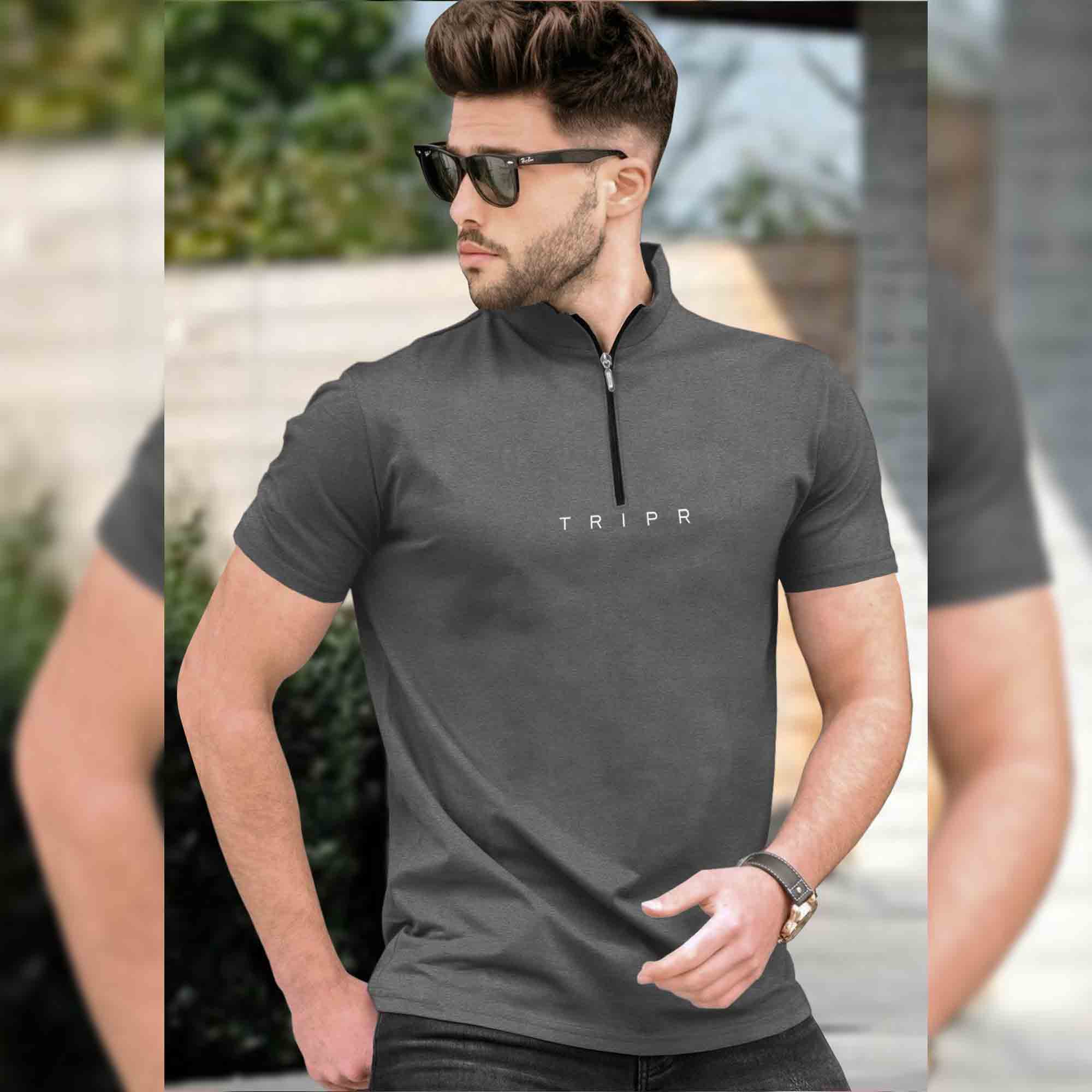 Men High Neck Plain Dark Grey Half Sleeve Zipper T-Shirt