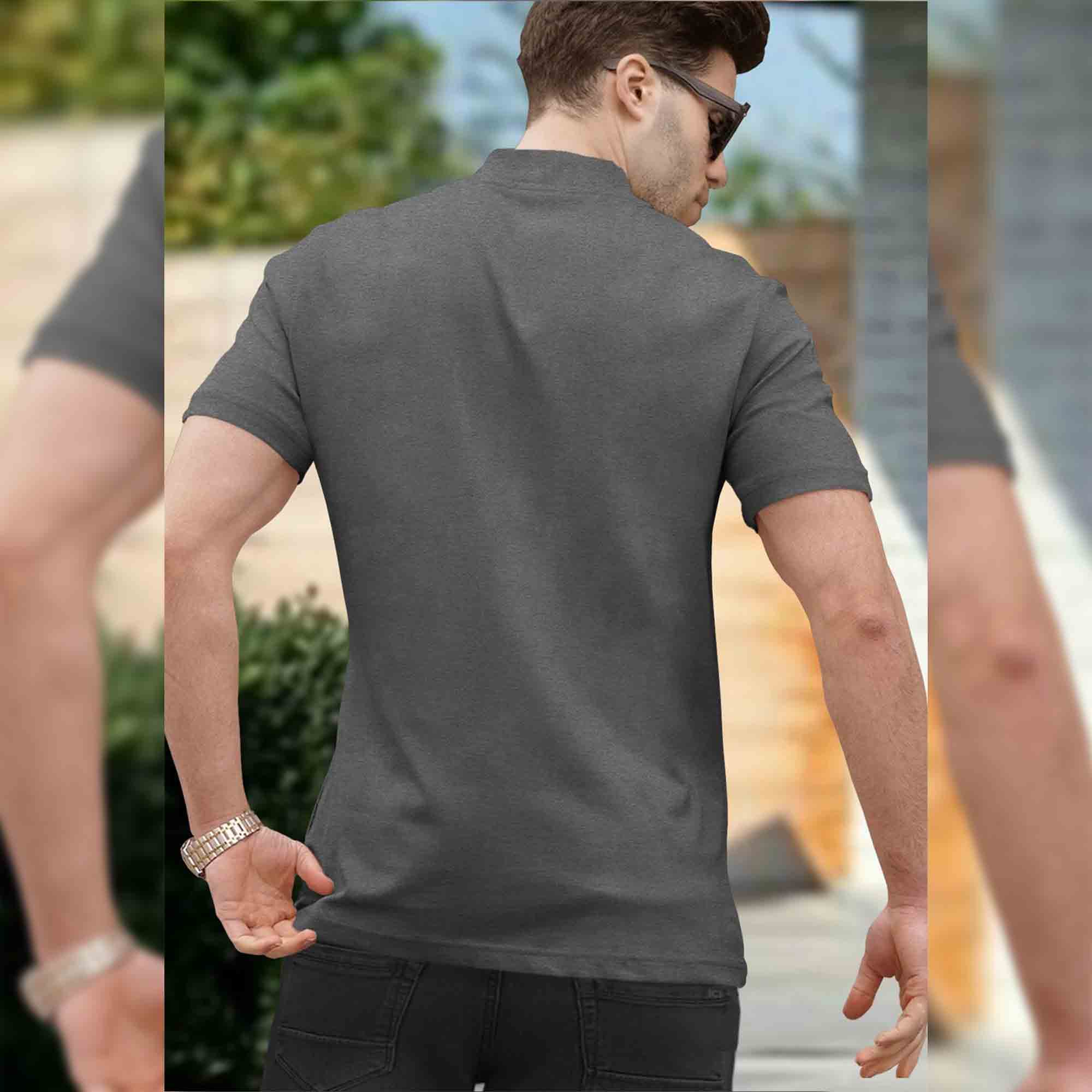 Men High Neck Plain Dark Grey Half Sleeve Zipper T-Shirt