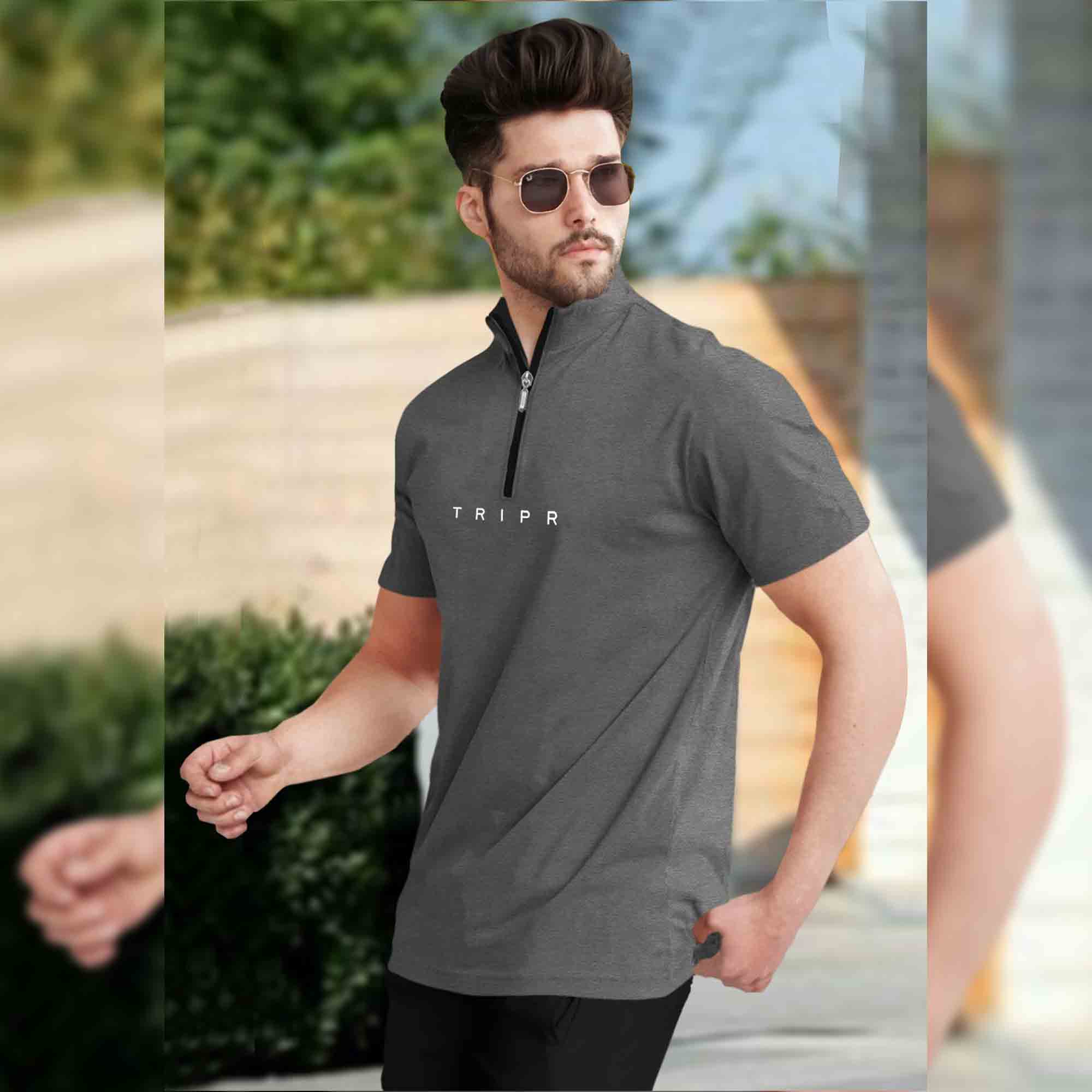 Men High Neck Plain Dark Grey Half Sleeve Zipper T-Shirt