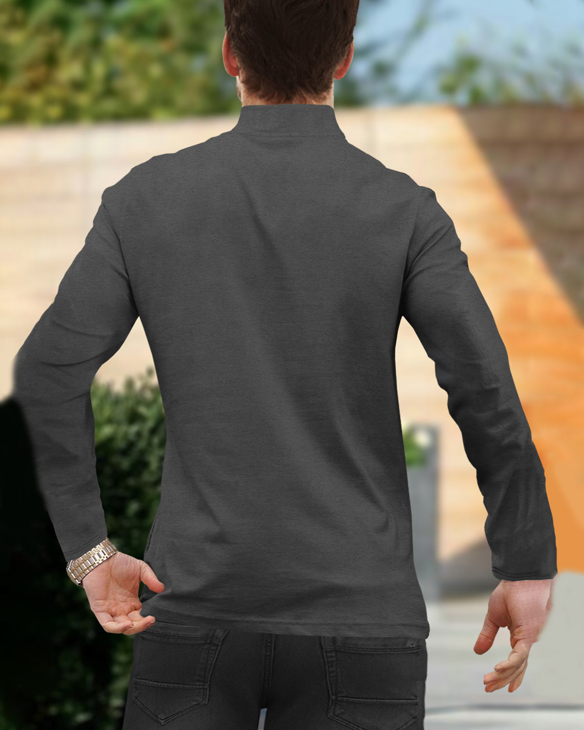 Men DARK GREY ZIPPER NECK Full Sleeve T-Shirt