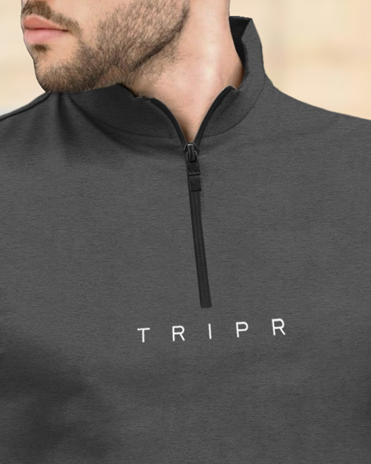 Men DARK GREY ZIPPER NECK Full Sleeve T-Shirt