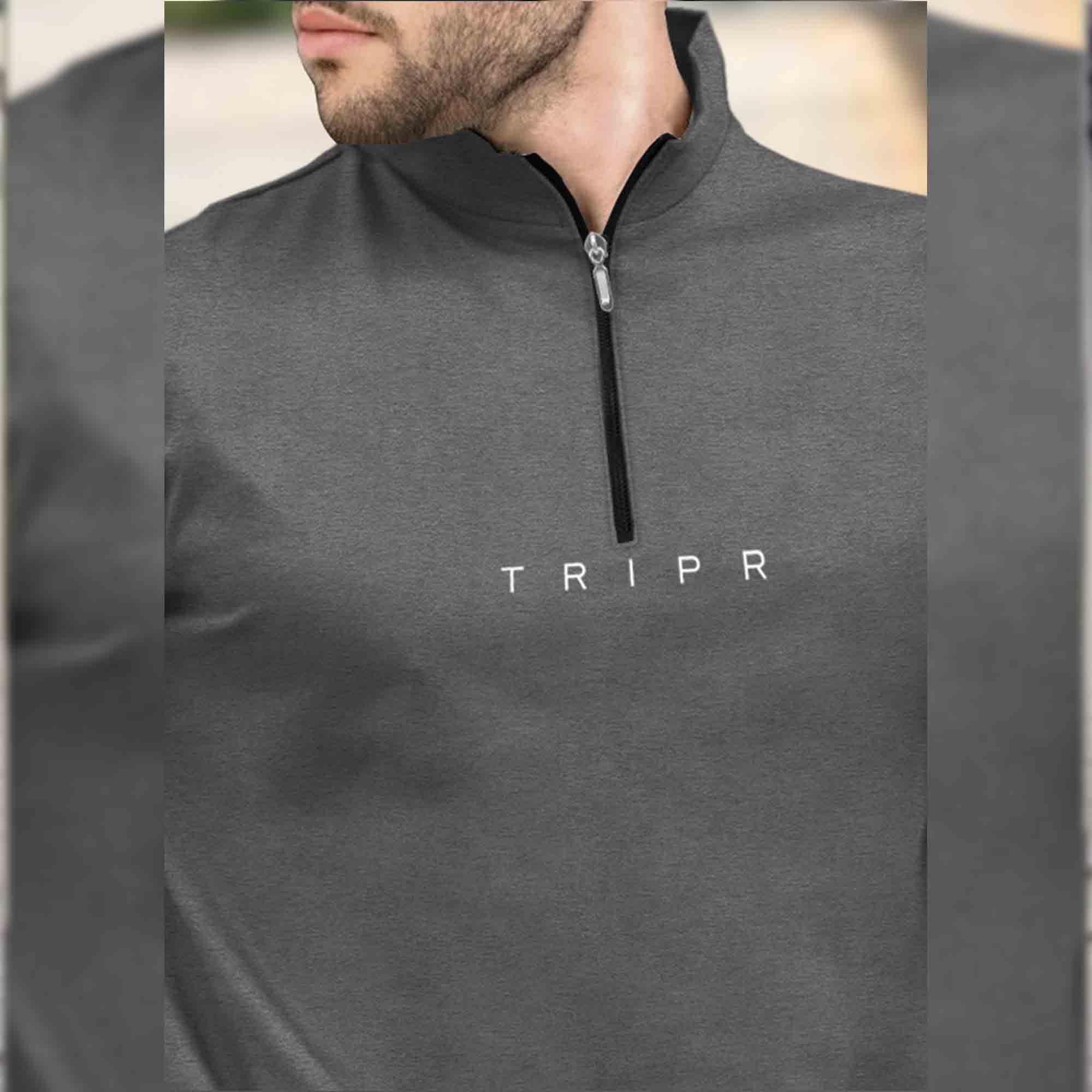 Men DARK GREY ZIPPER NECK Full Sleeve T-Shirt