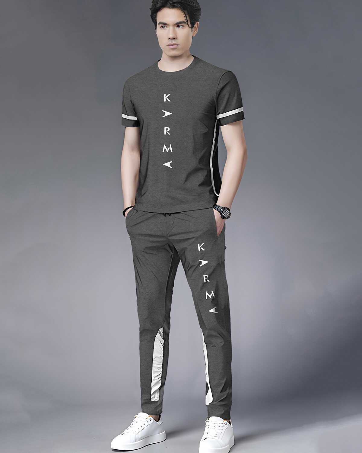 Tracksuit For Men Darkgrey Printed Half T-shirt & Darkgrey Printed Trackpant